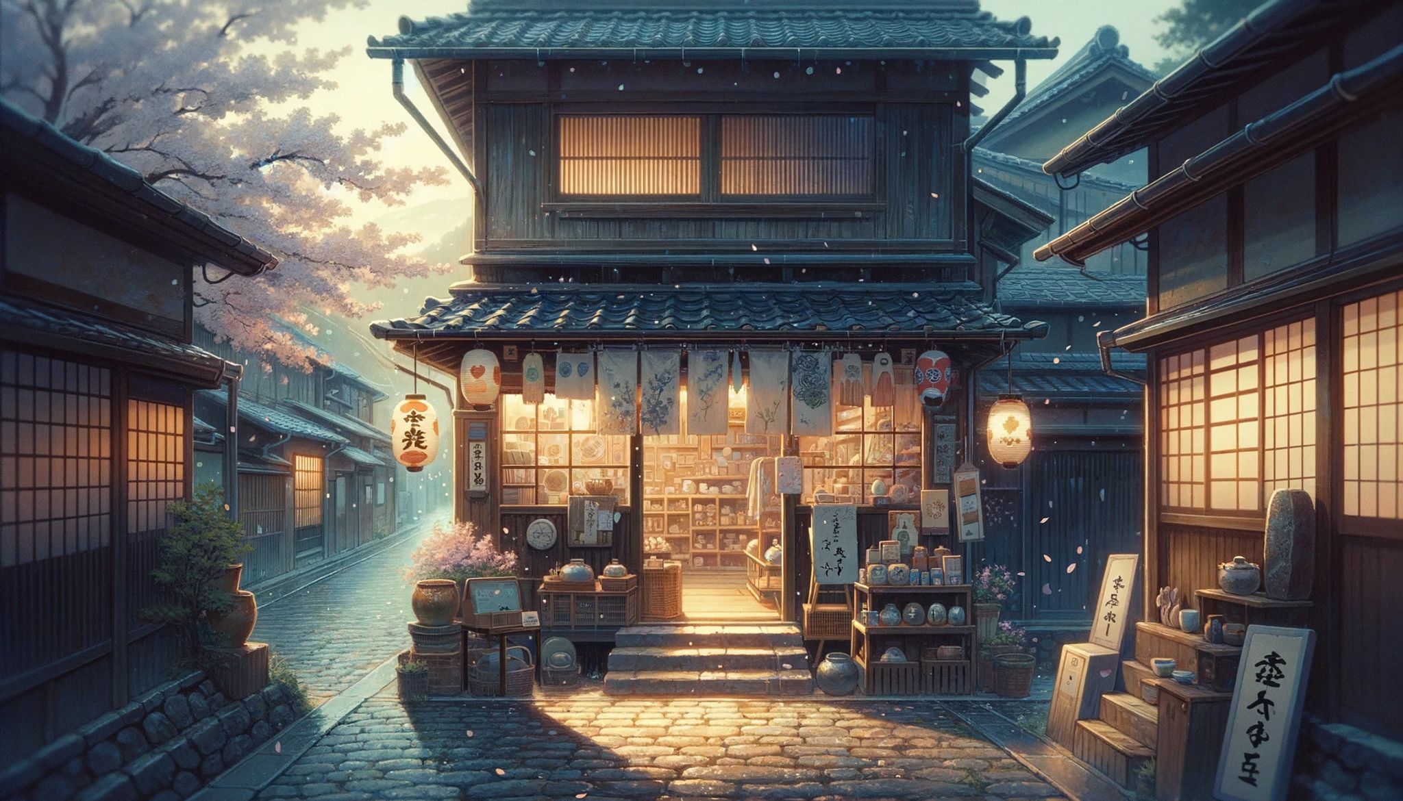 Anime-style painting of a Japanese shop on a cobblestone street at dusk, decorated with cherry blossoms.