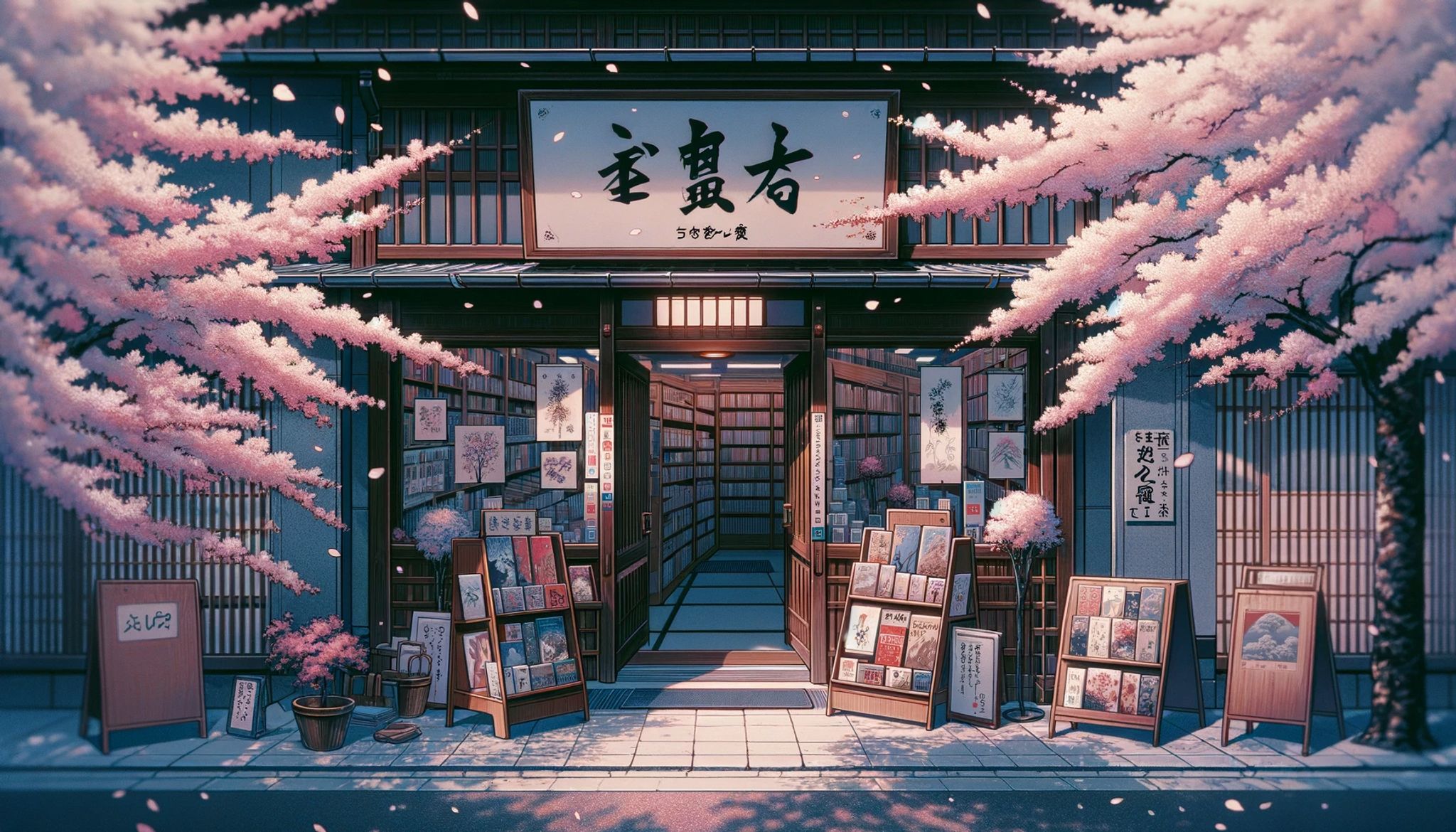 Anime-style illustration of a Japanese bookstore under cherry blossoms.