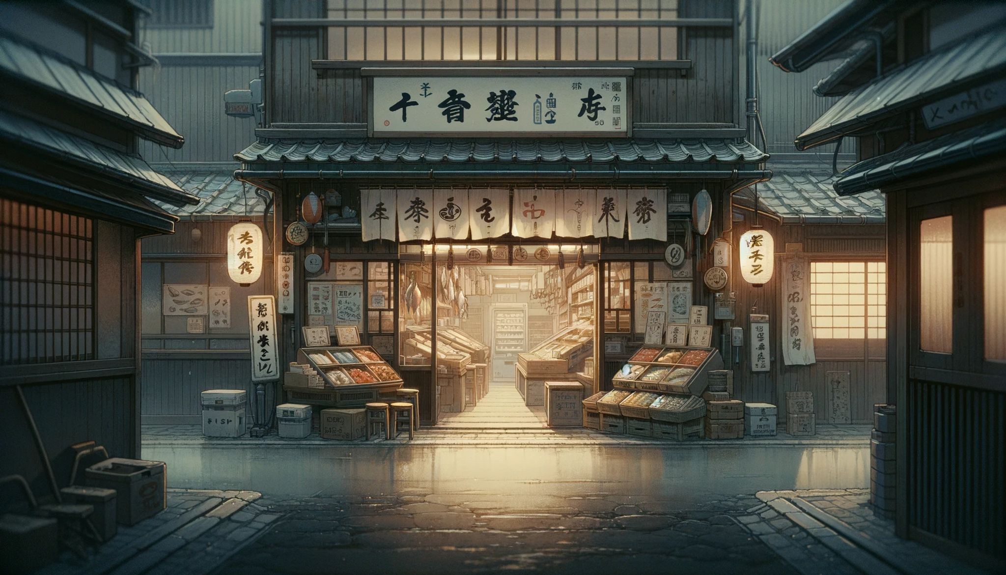 Anime-style painting of a Japanese storefront at night, illuminated from within, showing various goods.