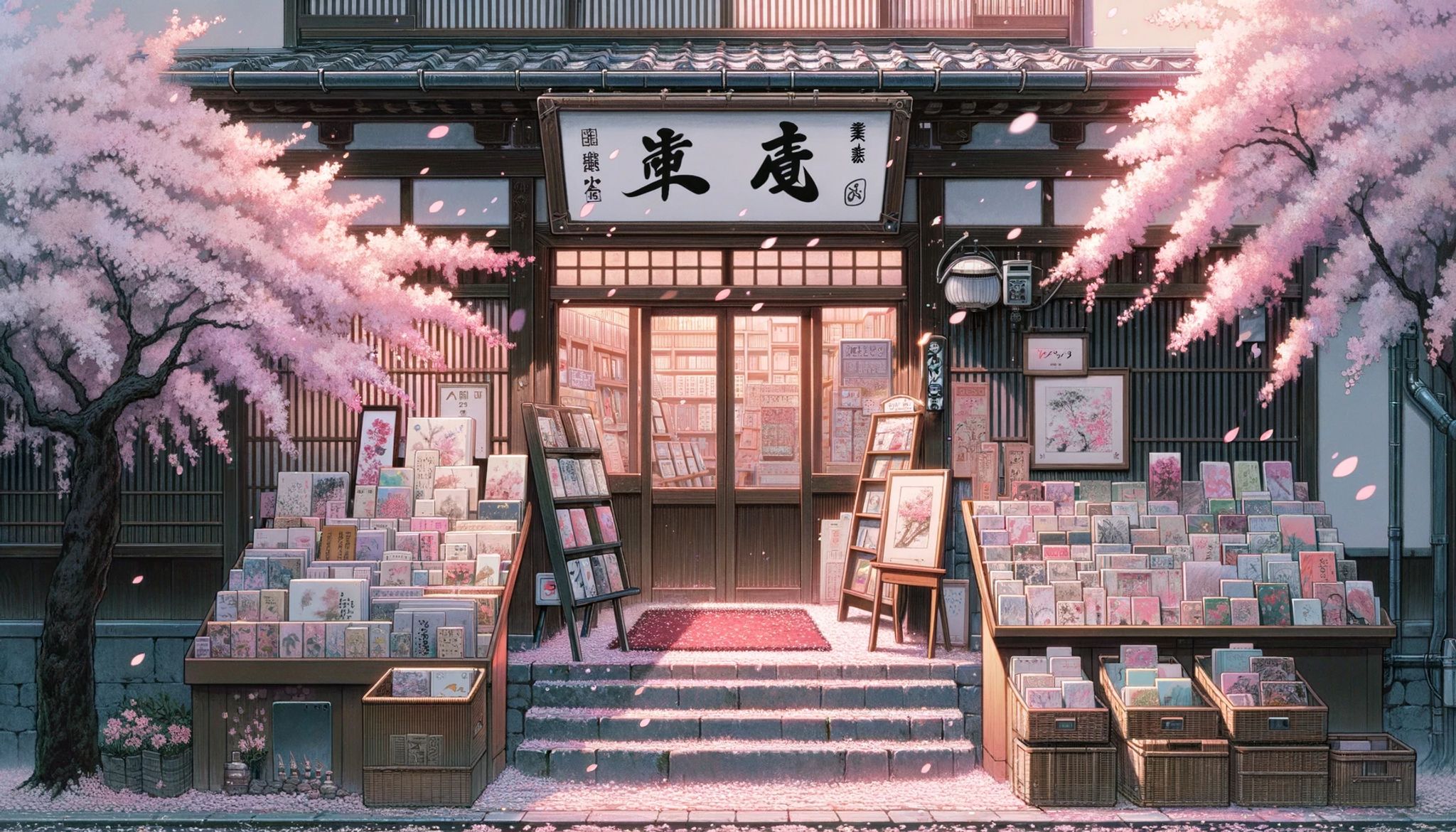 Anime-style illustration of a Japanese bookstore with cherry blossoms.
