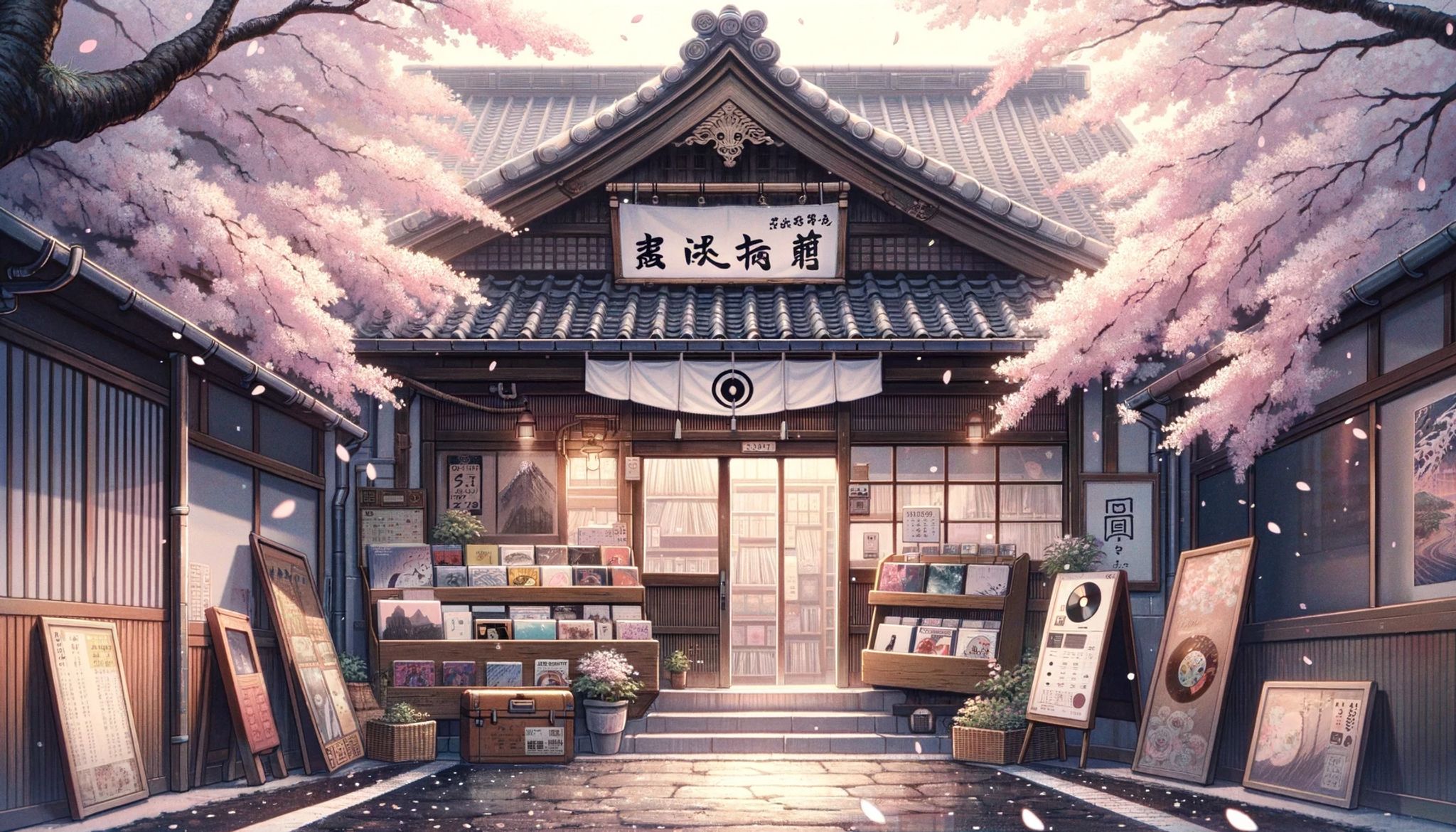 Anime-style illustration of a Japanese record store under cherry blossoms.