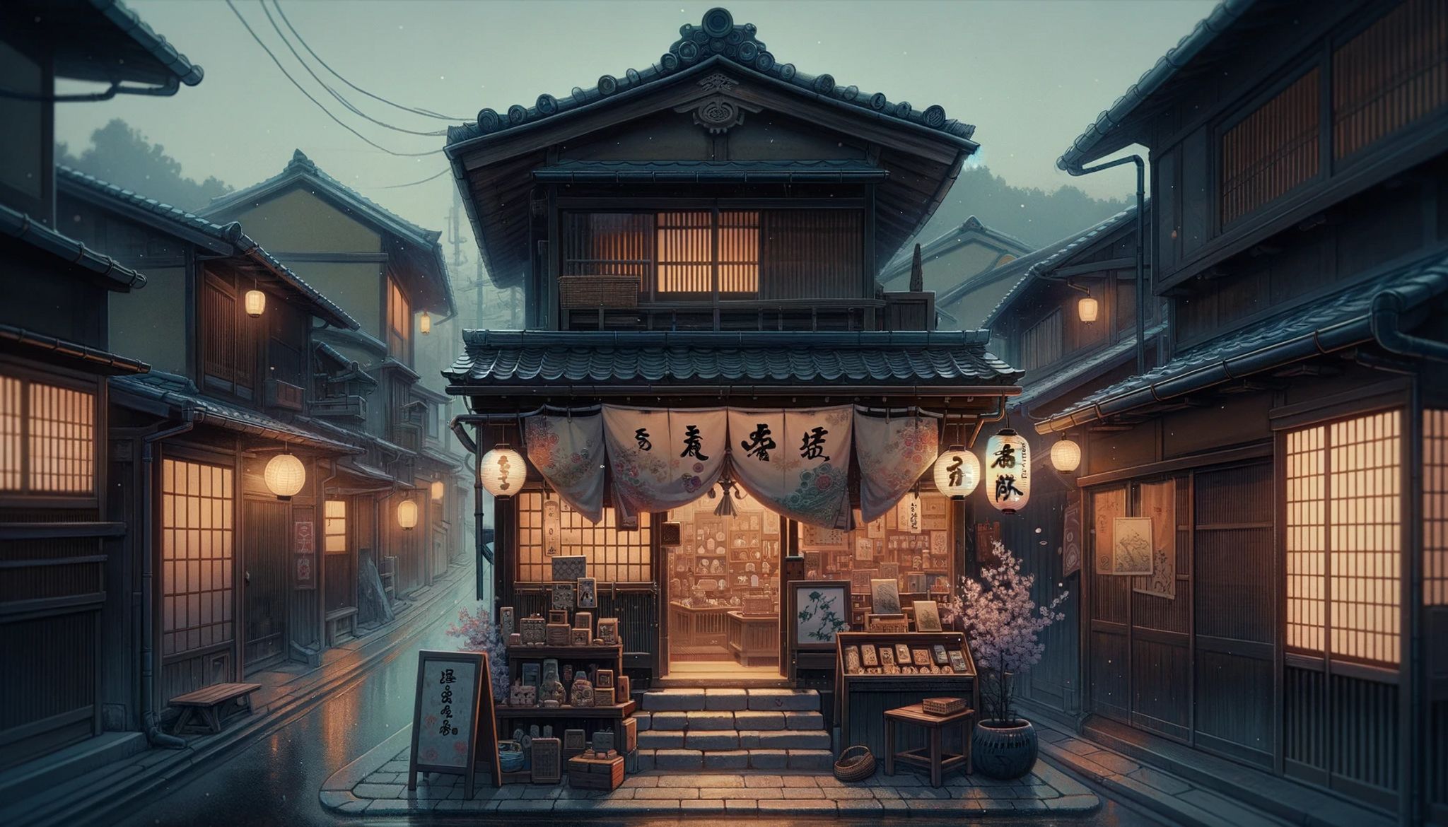 Anime-style painting of a Japanese shop at night, with lanterns and cherry blossoms.