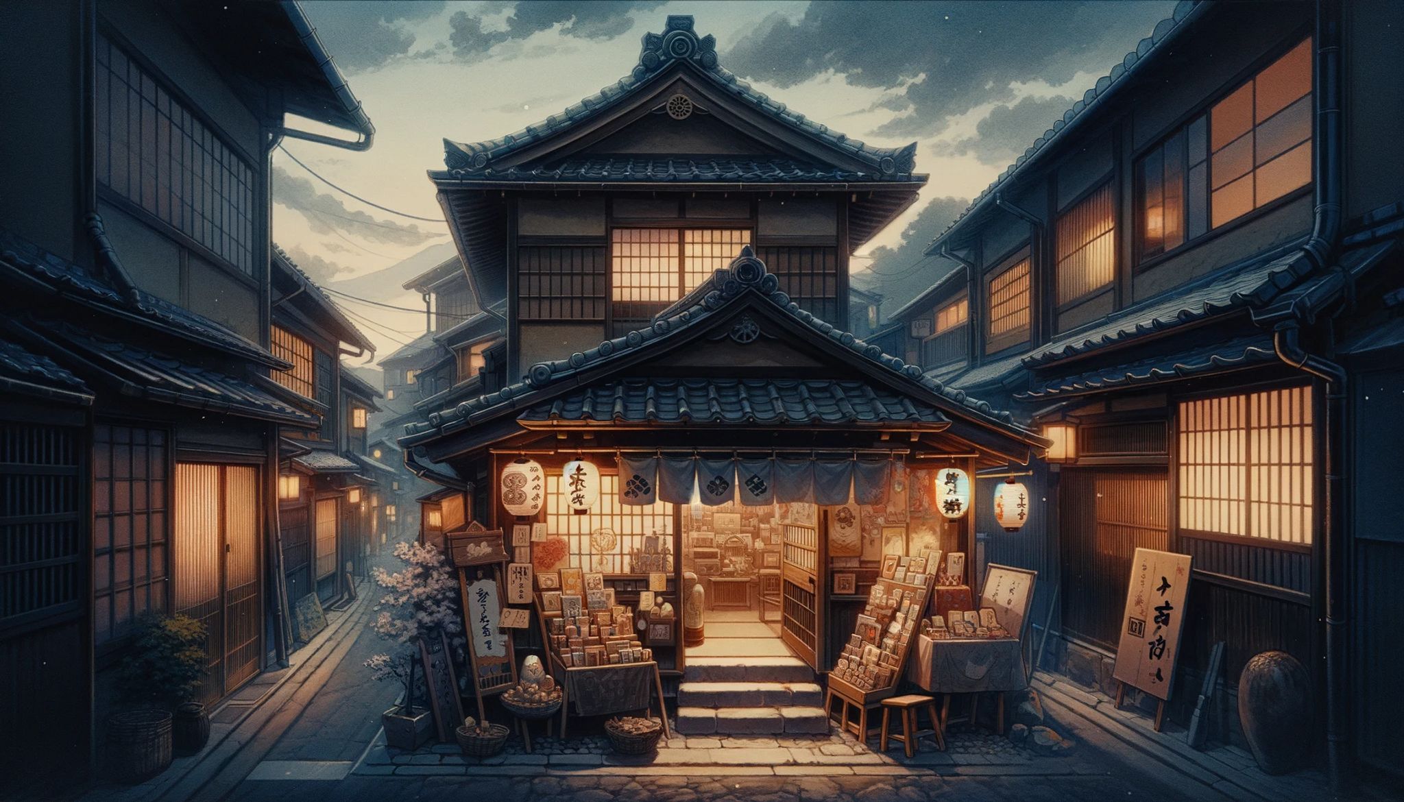 Painting of a Japanese anime-style store at night on a narrow street.