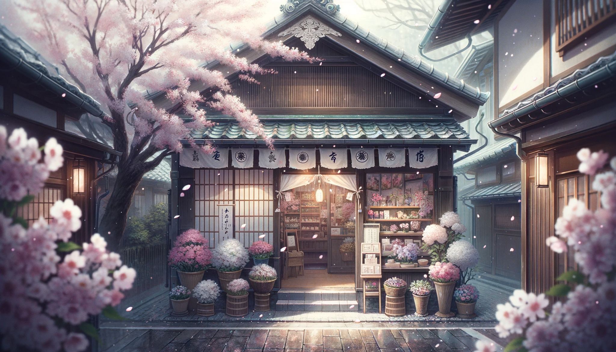 Painting of a Japanese flower shop under cherry blossoms.