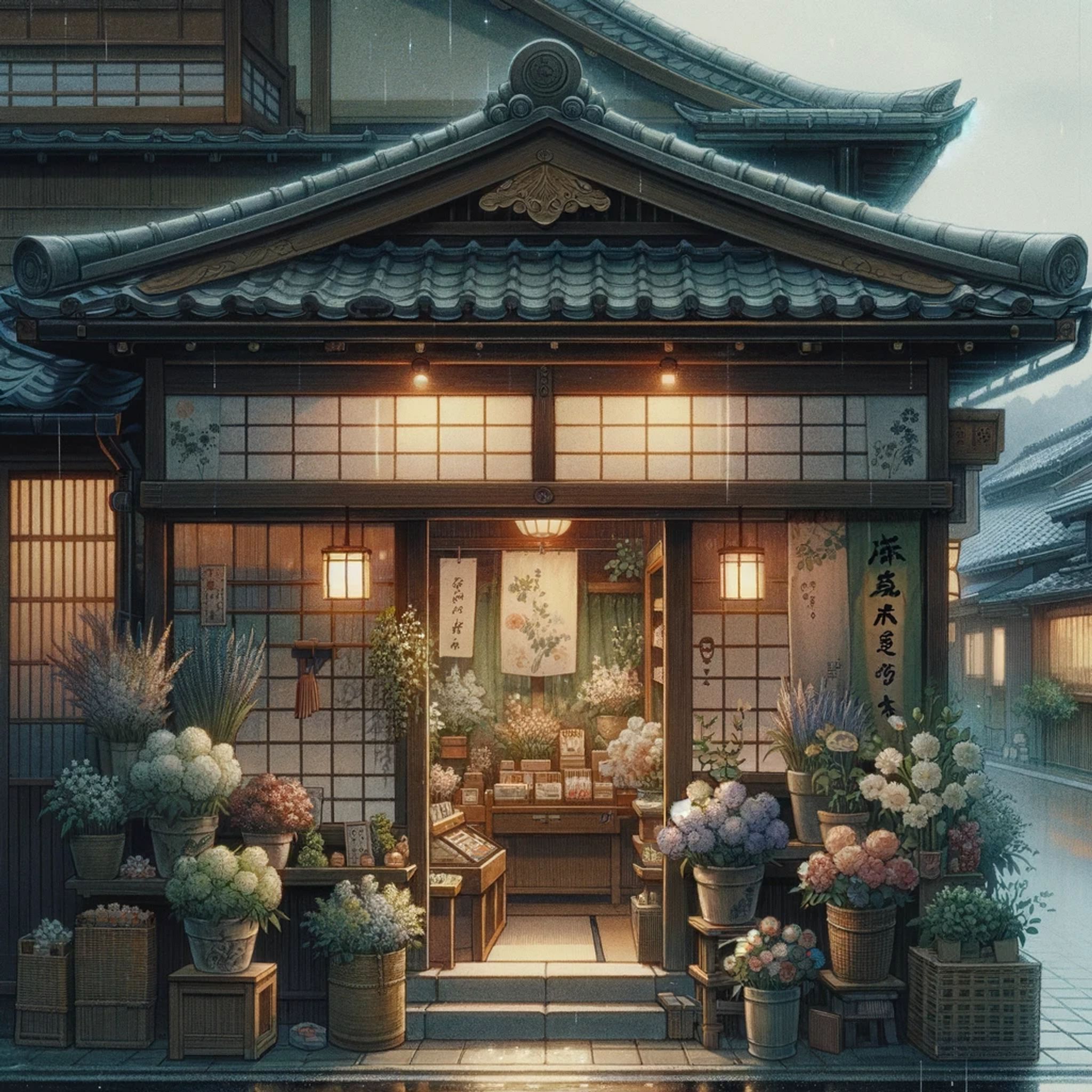 Rainy day view of a Japanese flower shop storefront with traditional architecture and abundant flowers.