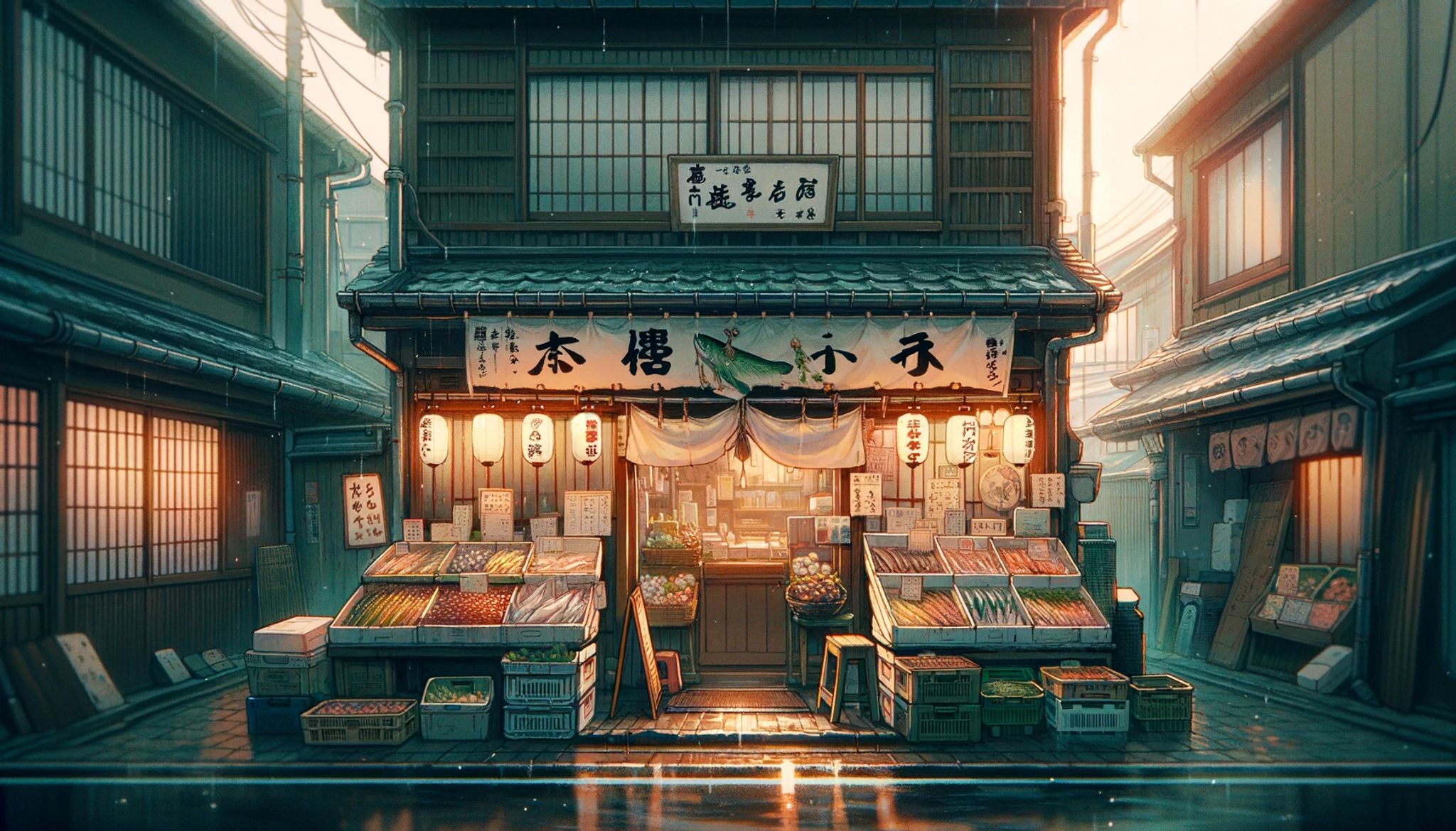 Anime-style painting of a Japanese storefront selling produce in the rain.