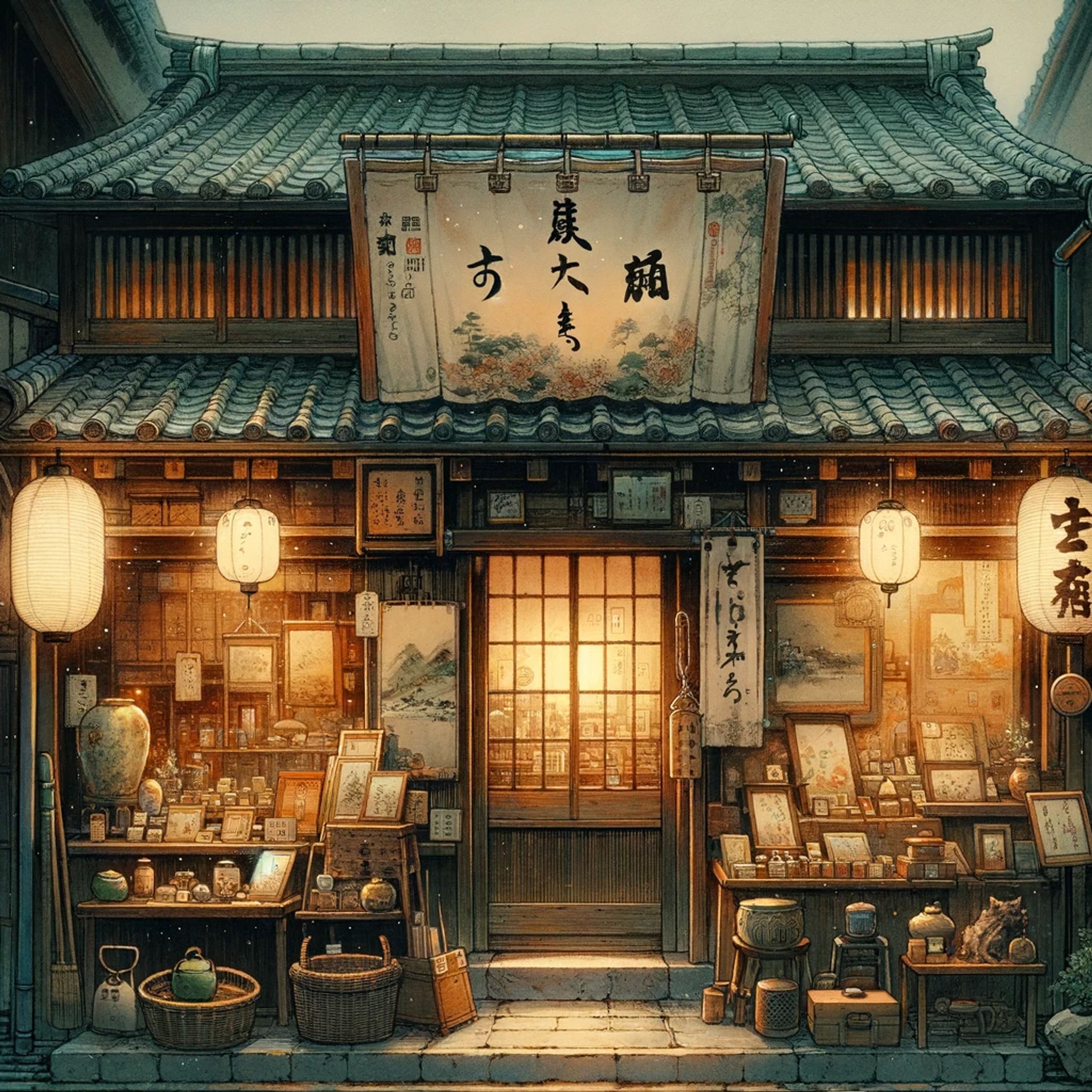 Painting of a traditional Japanese store front at night, illuminated with warm light.