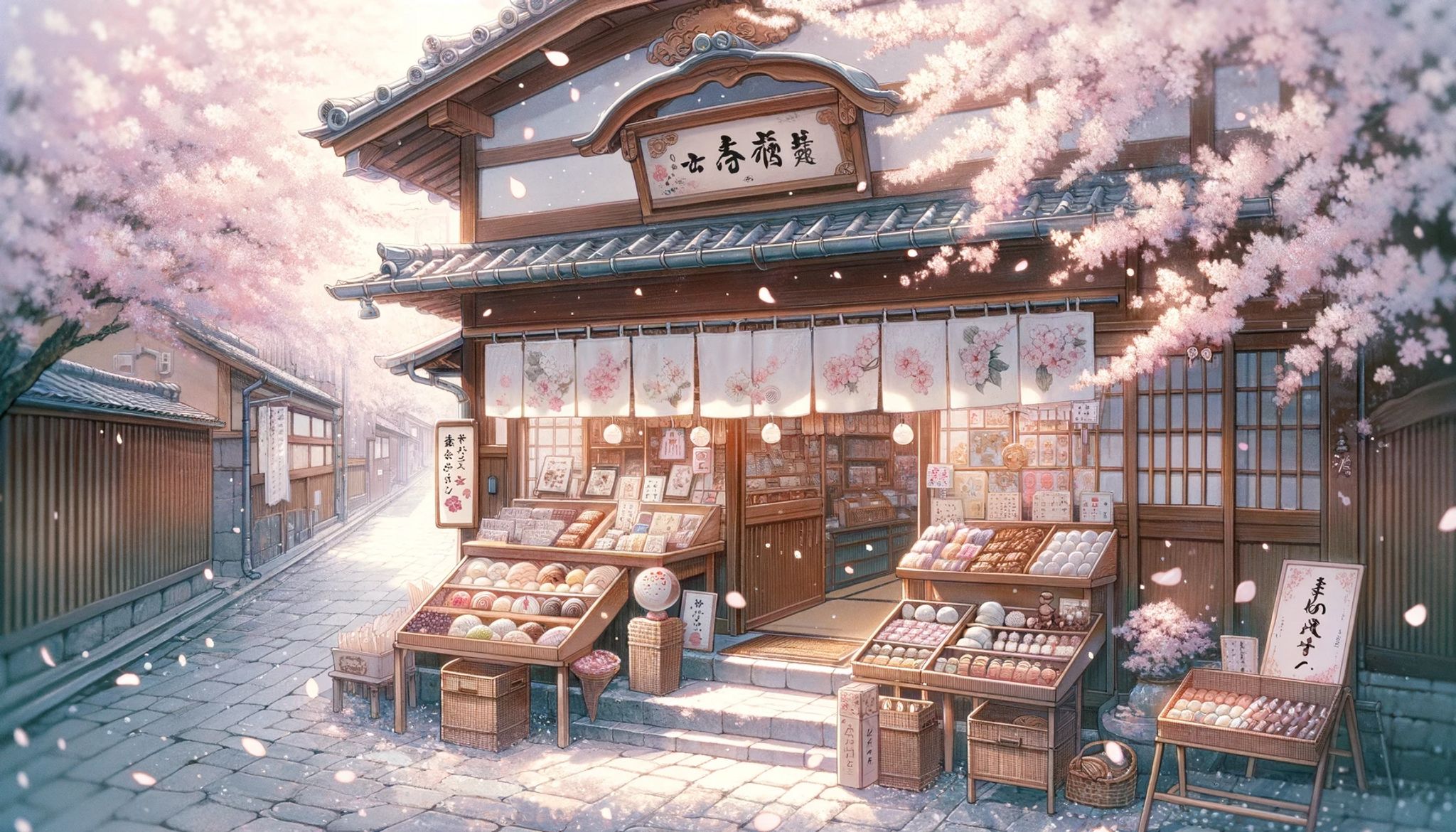 Anime-style illustration of a Japanese shop selling sweets under cherry blossoms.