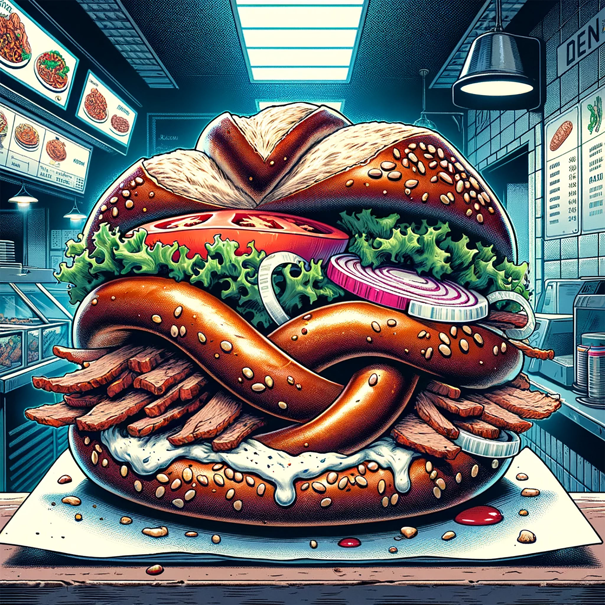 Anime-style illustration of a large kebab sandwich in a pretzel bun.
