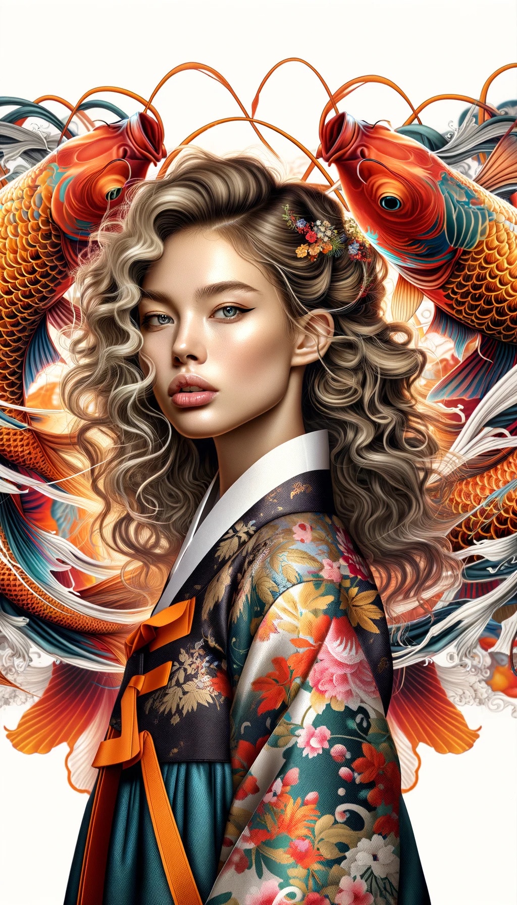 Portrait of a young woman with curly hair, wearing a floral hanbok, flanked by two koi fish.