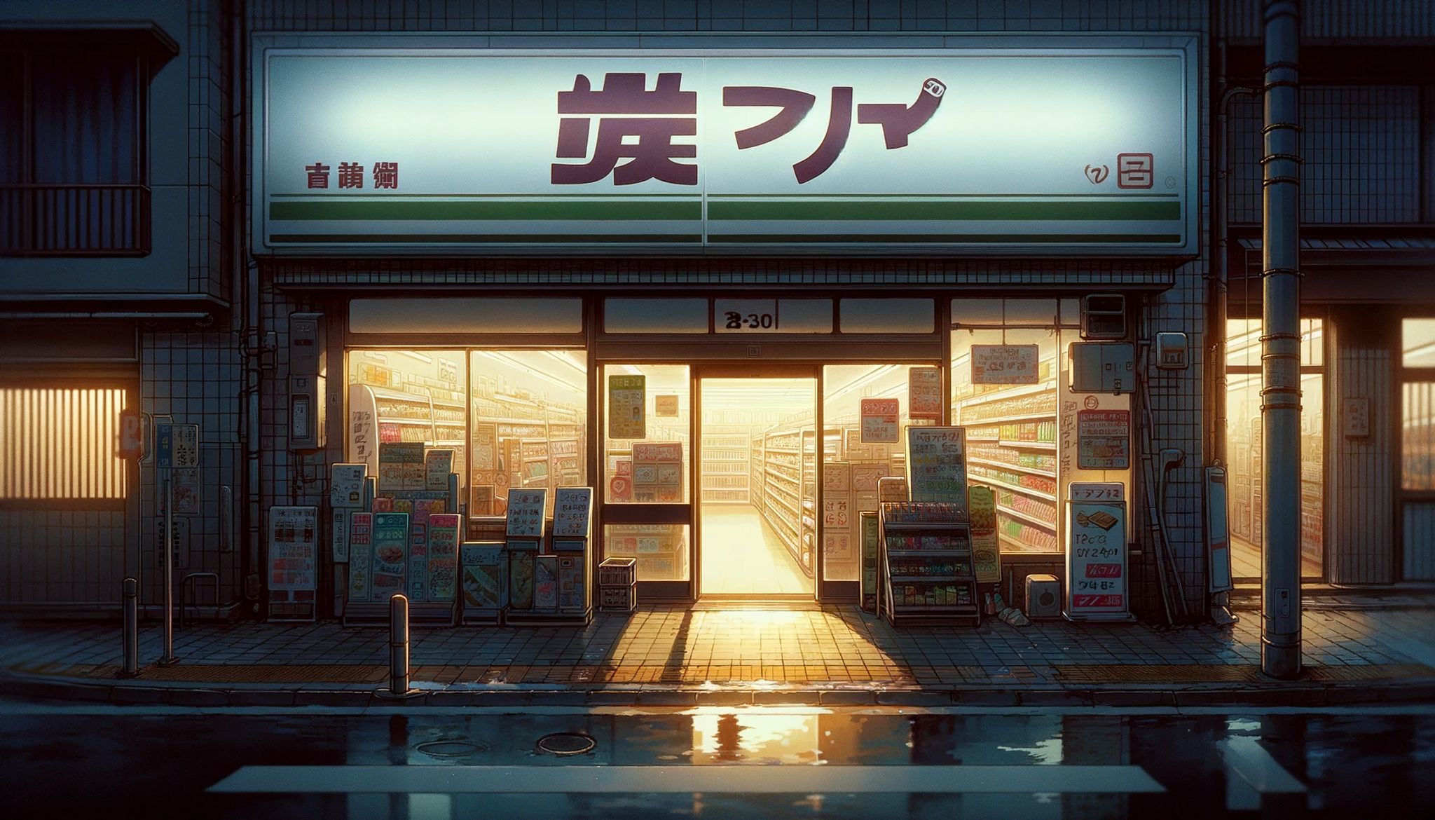 Anime-style painting of a brightly lit convenience store at night.