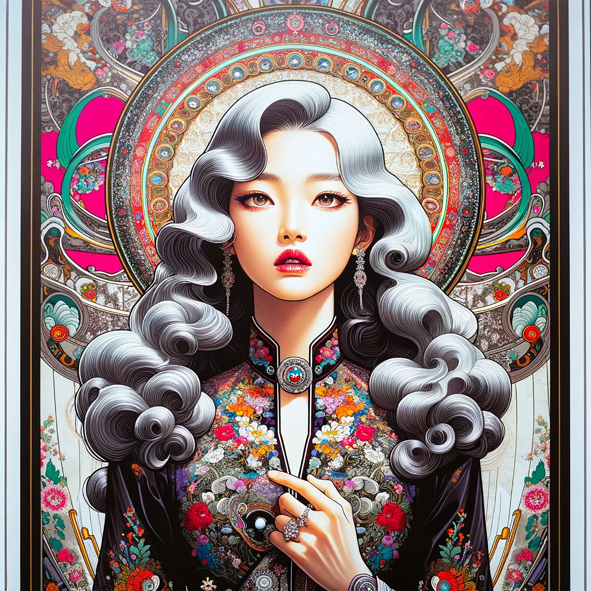 Portrait of a woman with silver hair in a colorful, ornate, floral Korean-style dress.