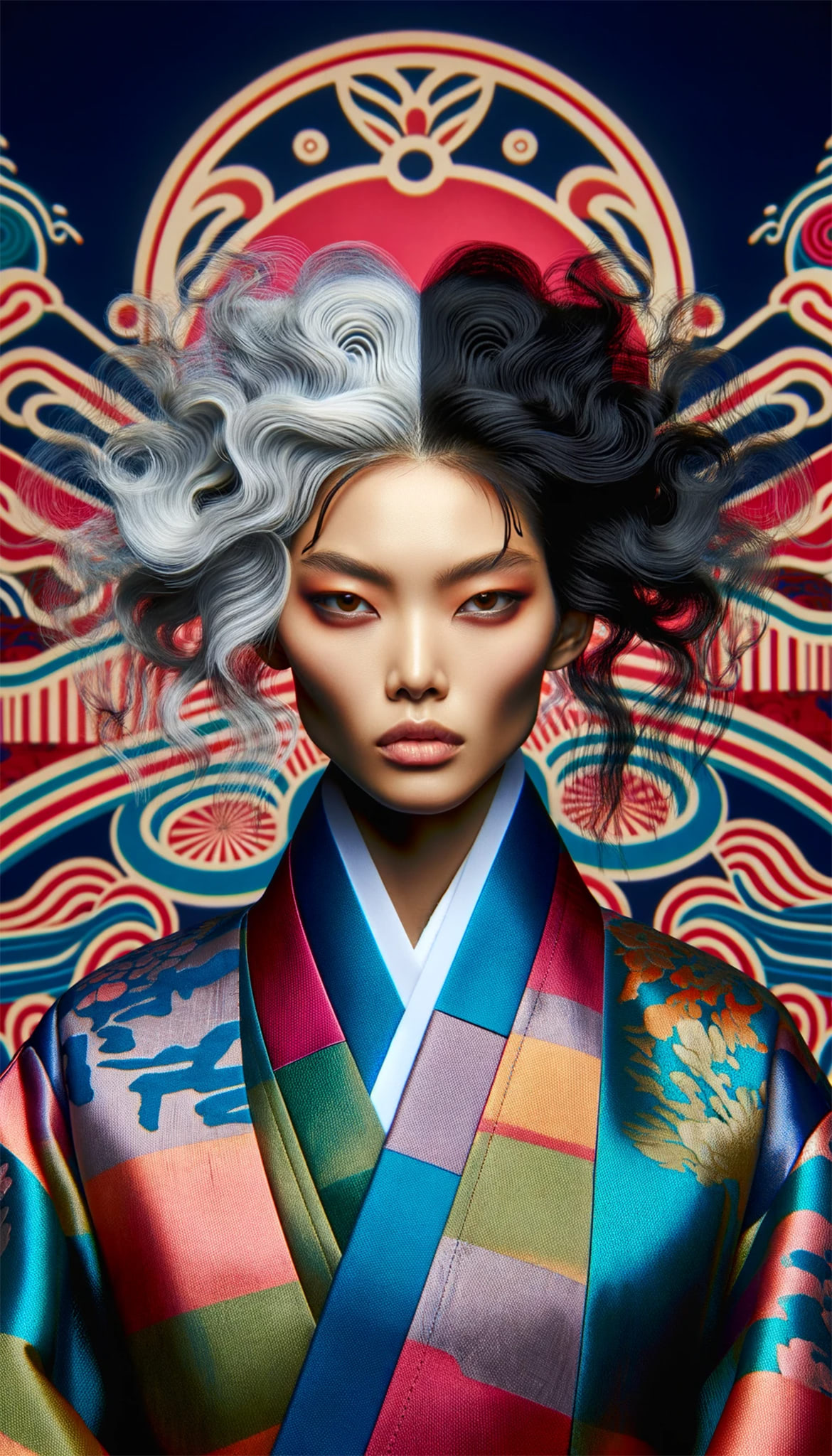 Korean model in colorful hanbok with half black and half white wavy hair.