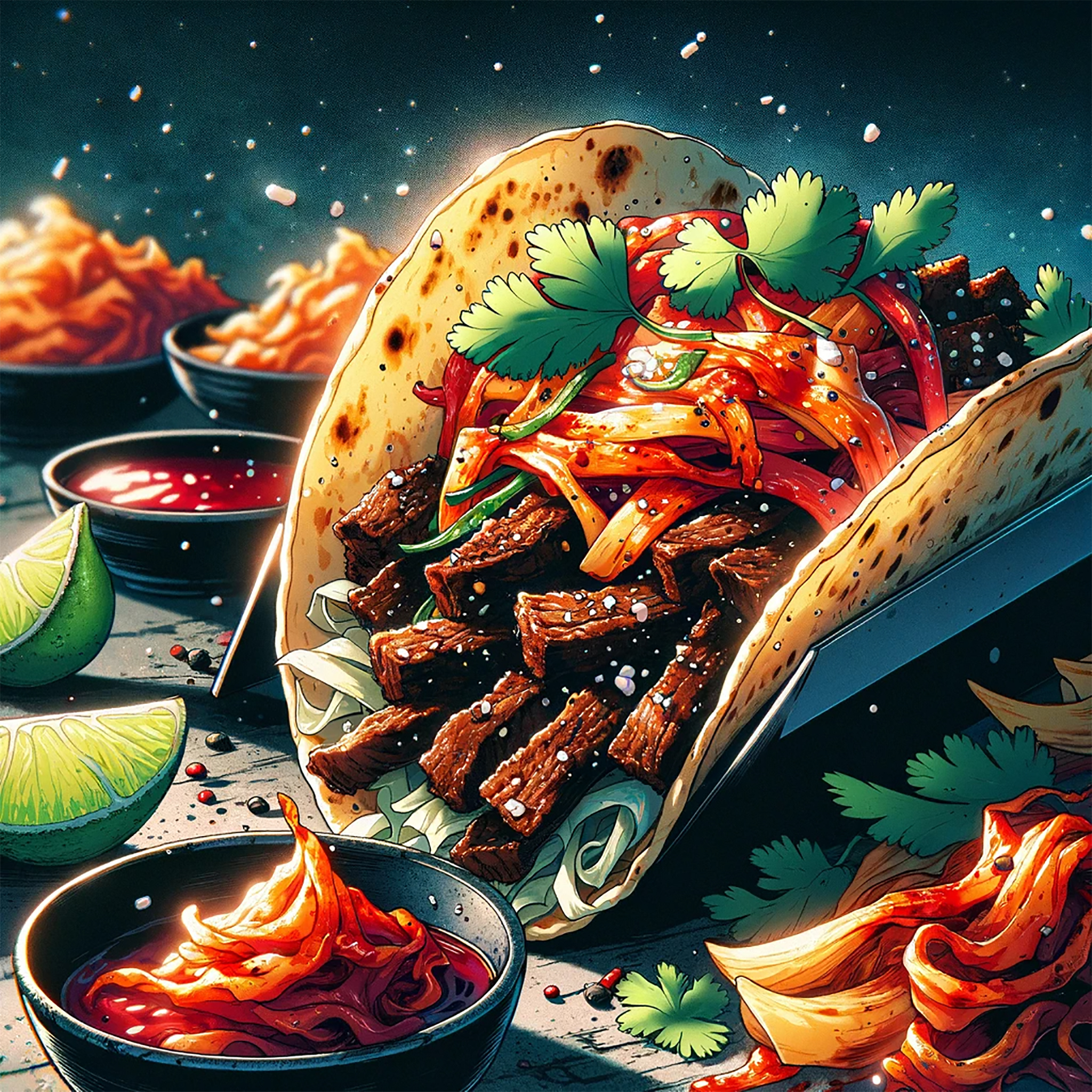 Korean BBQ beef taco with kimchi and cilantro.