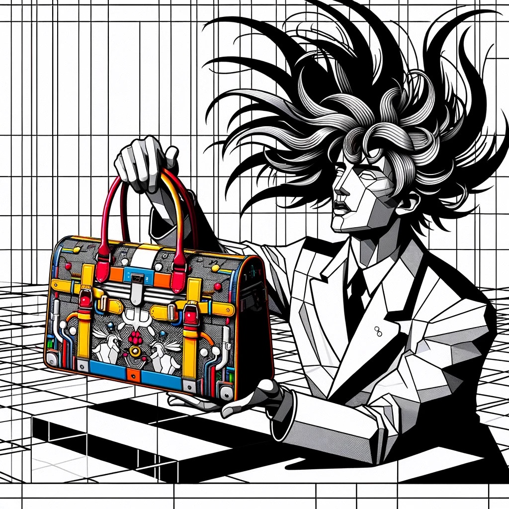 Illustration of a person holding a colorful handbag.