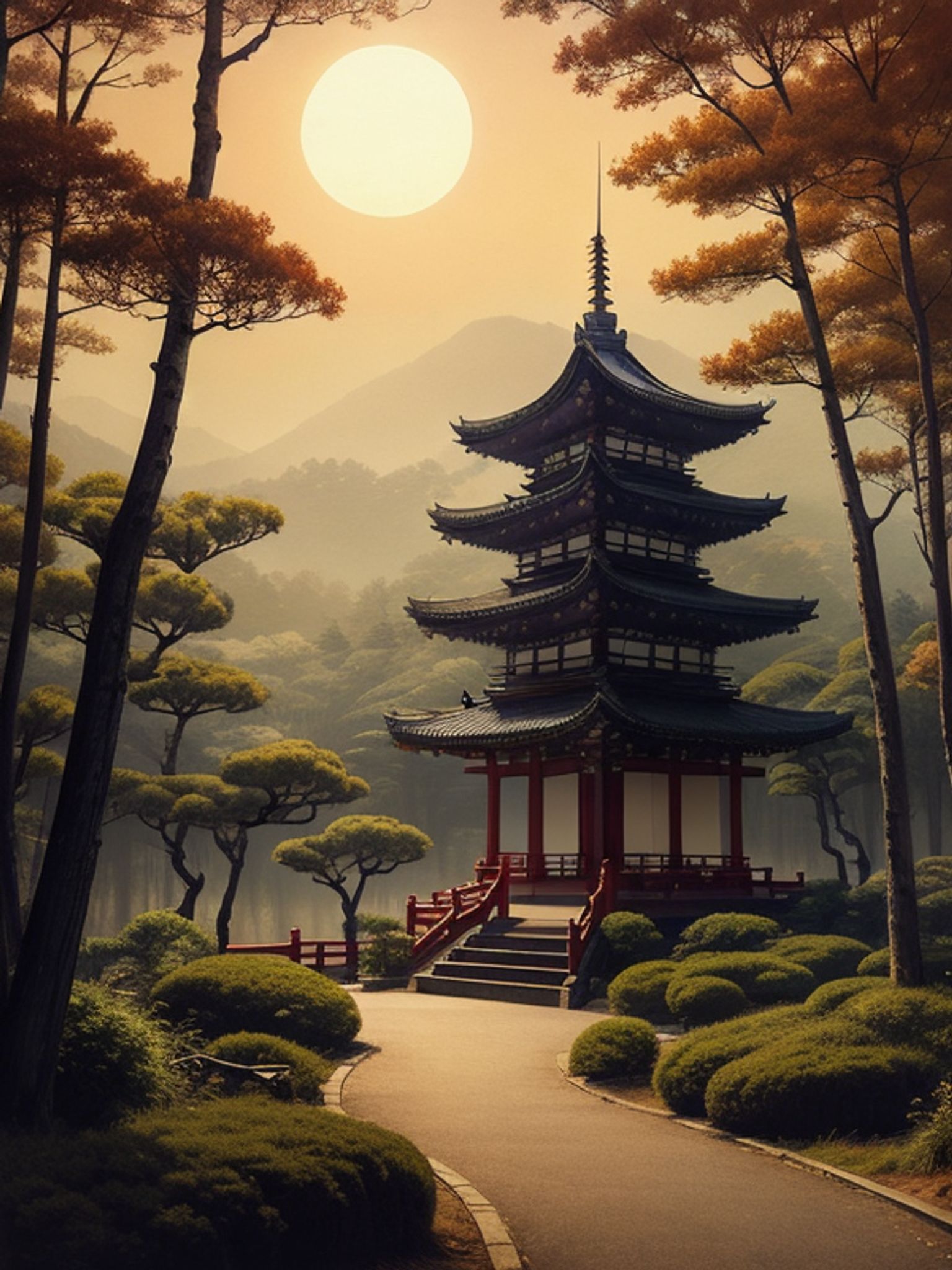 Japanese pagoda in a misty garden setting at sunset.