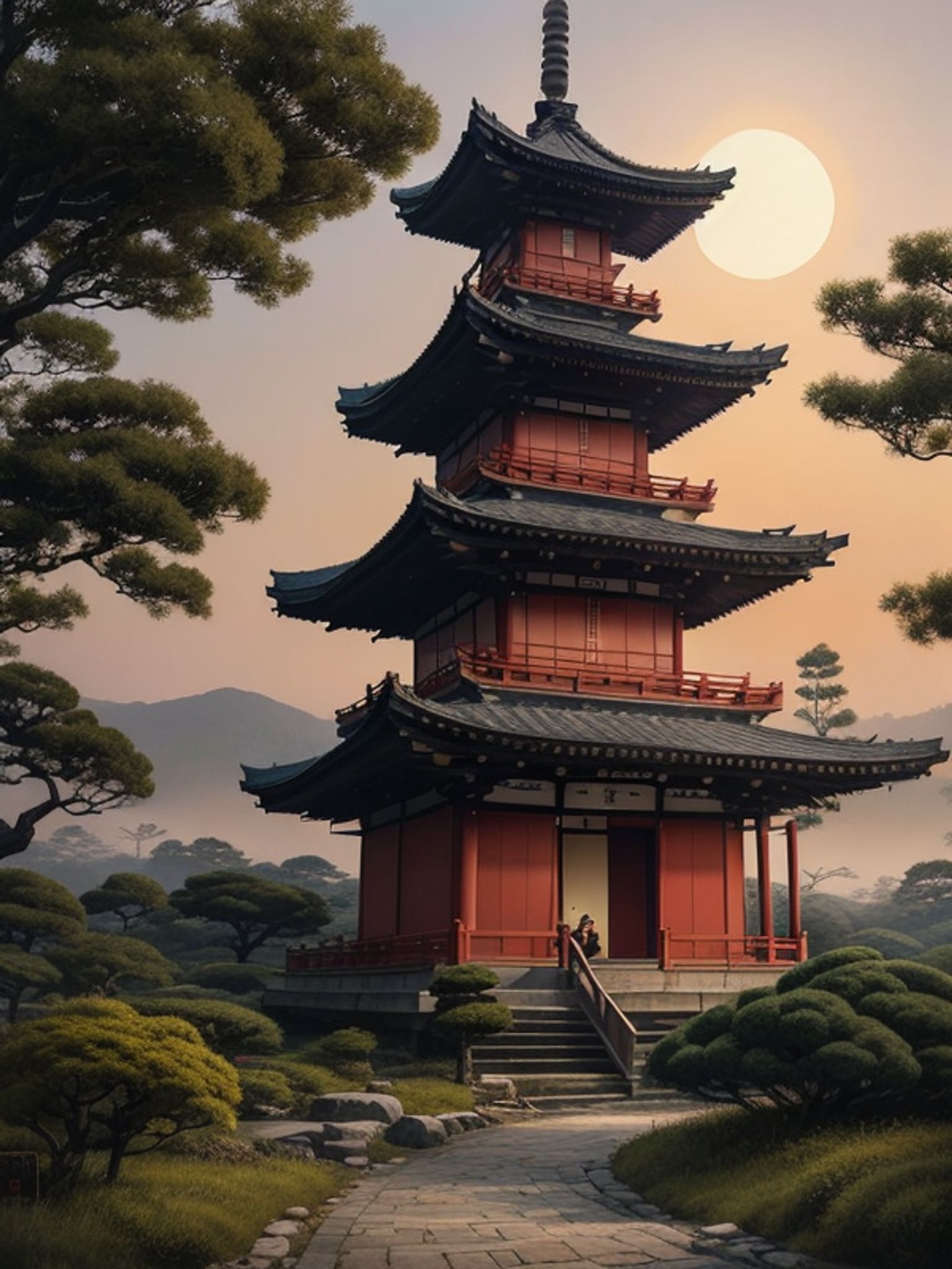 Japanese pagoda in a landscaped garden at sunset.