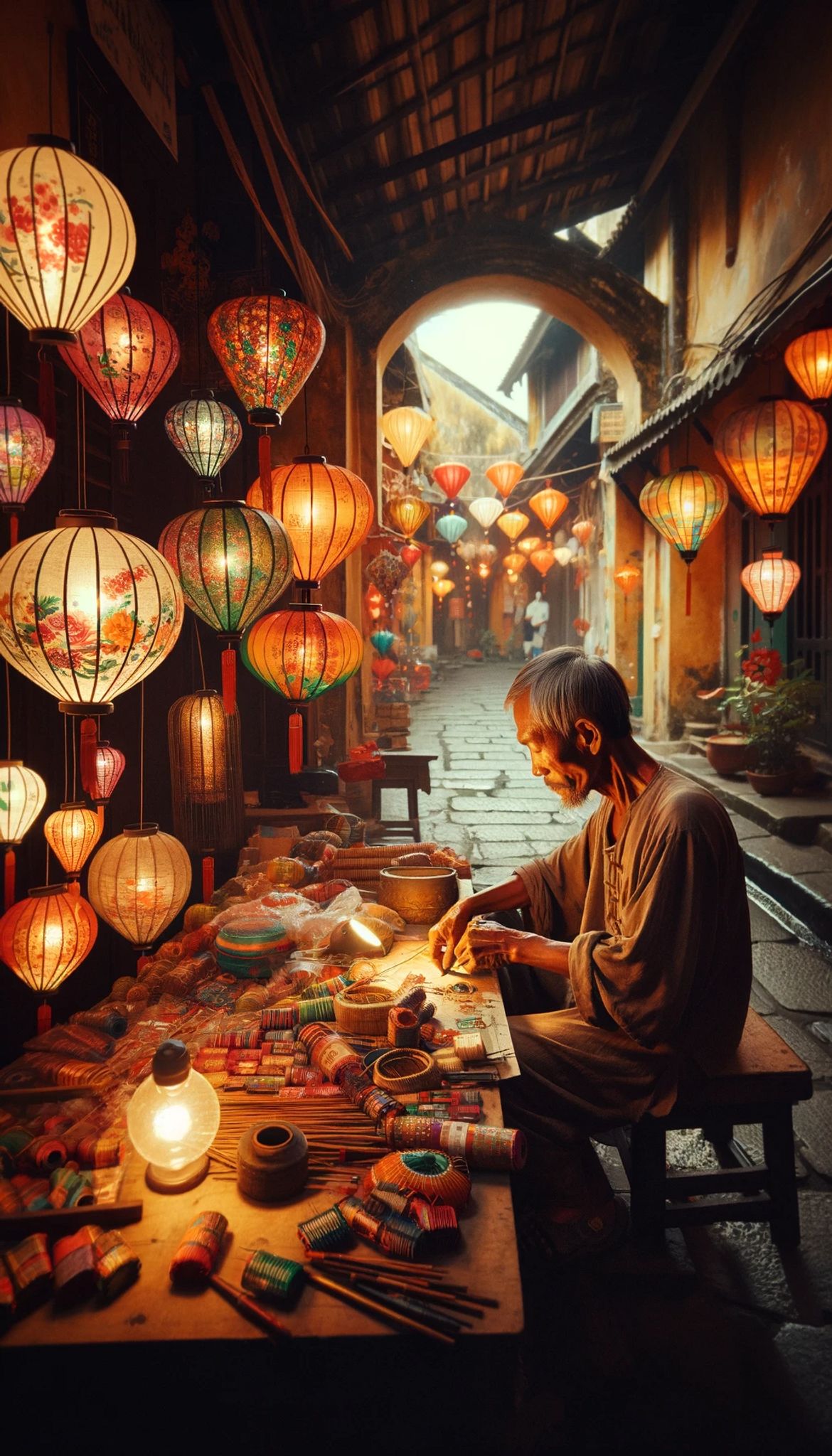 Elderly man making lanterns in a dimly lit alleyway.