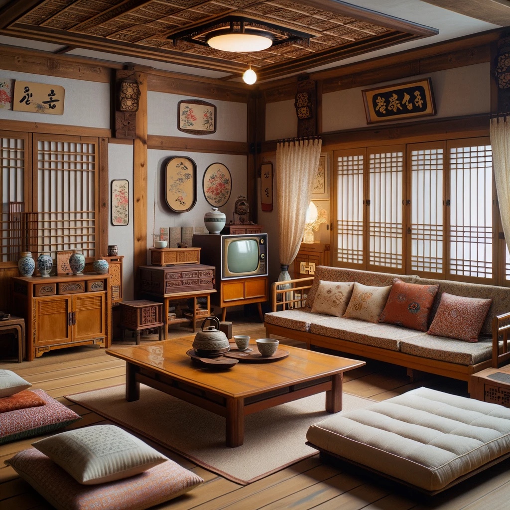 1960s Korean living room with wood furniture and traditional decor.