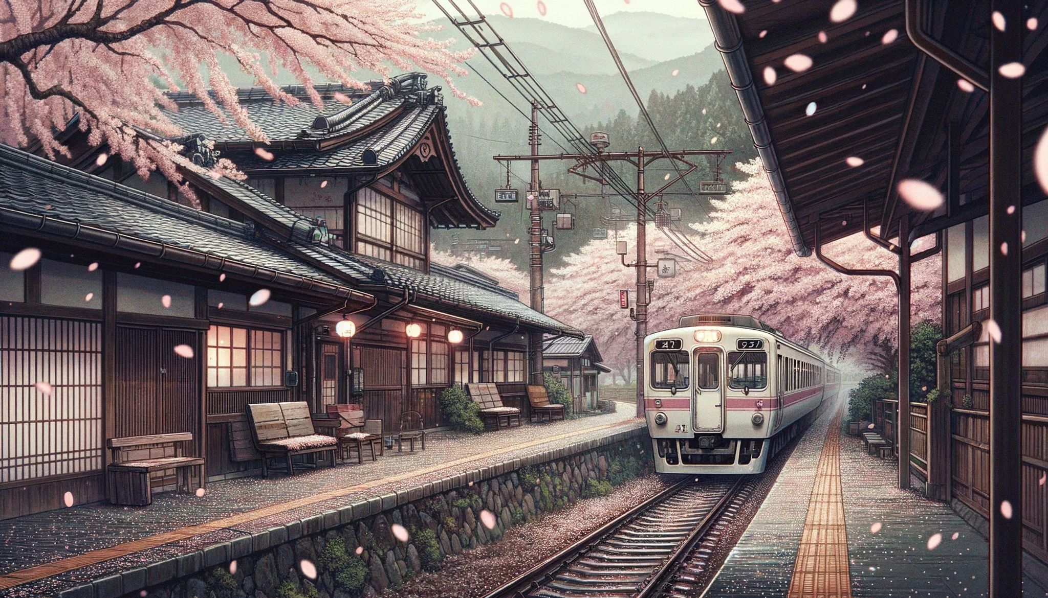 Train arriving at a Japanese train station during cherry blossom season.