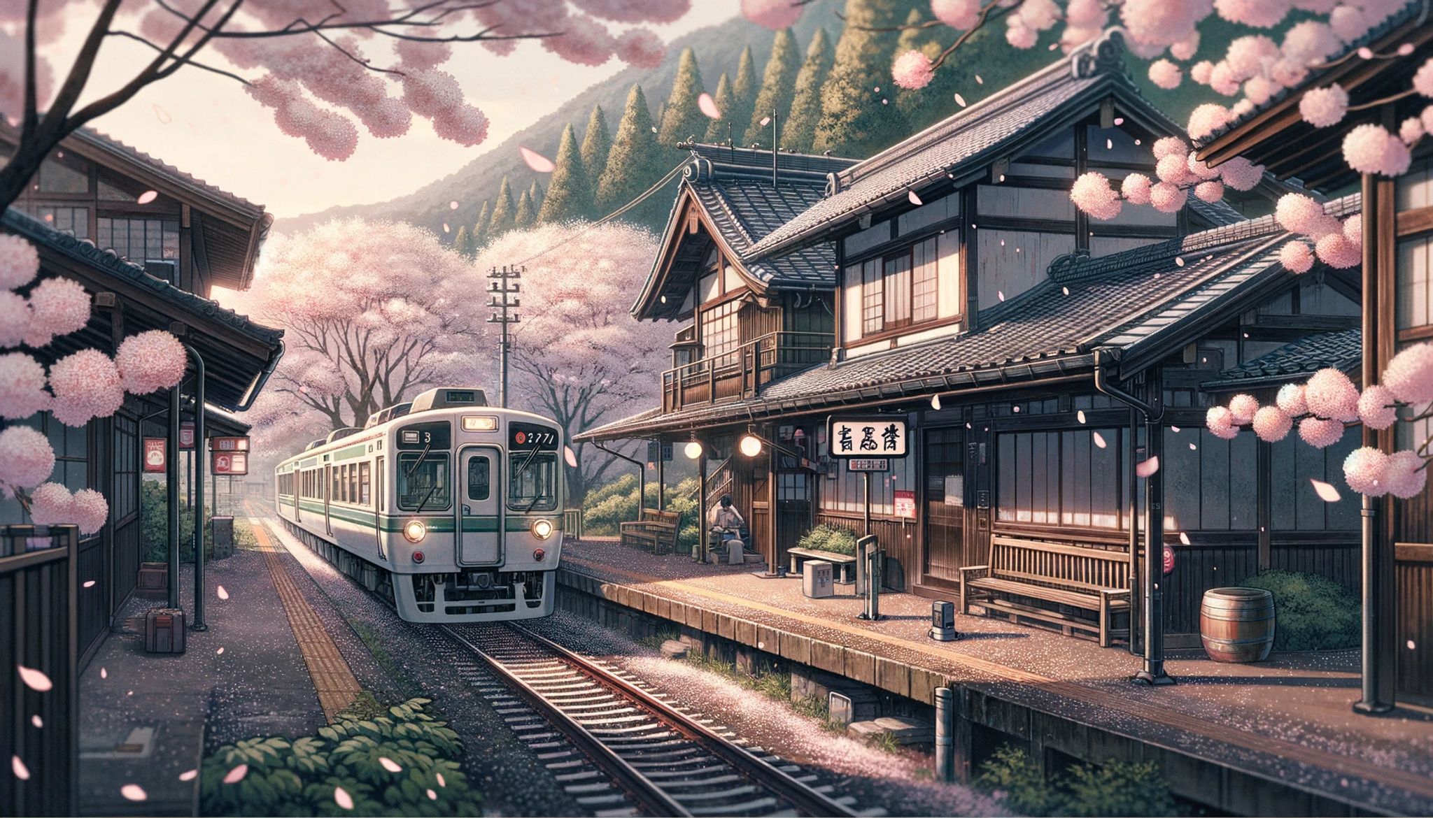 Train arriving at a Japanese train station during cherry blossom season.