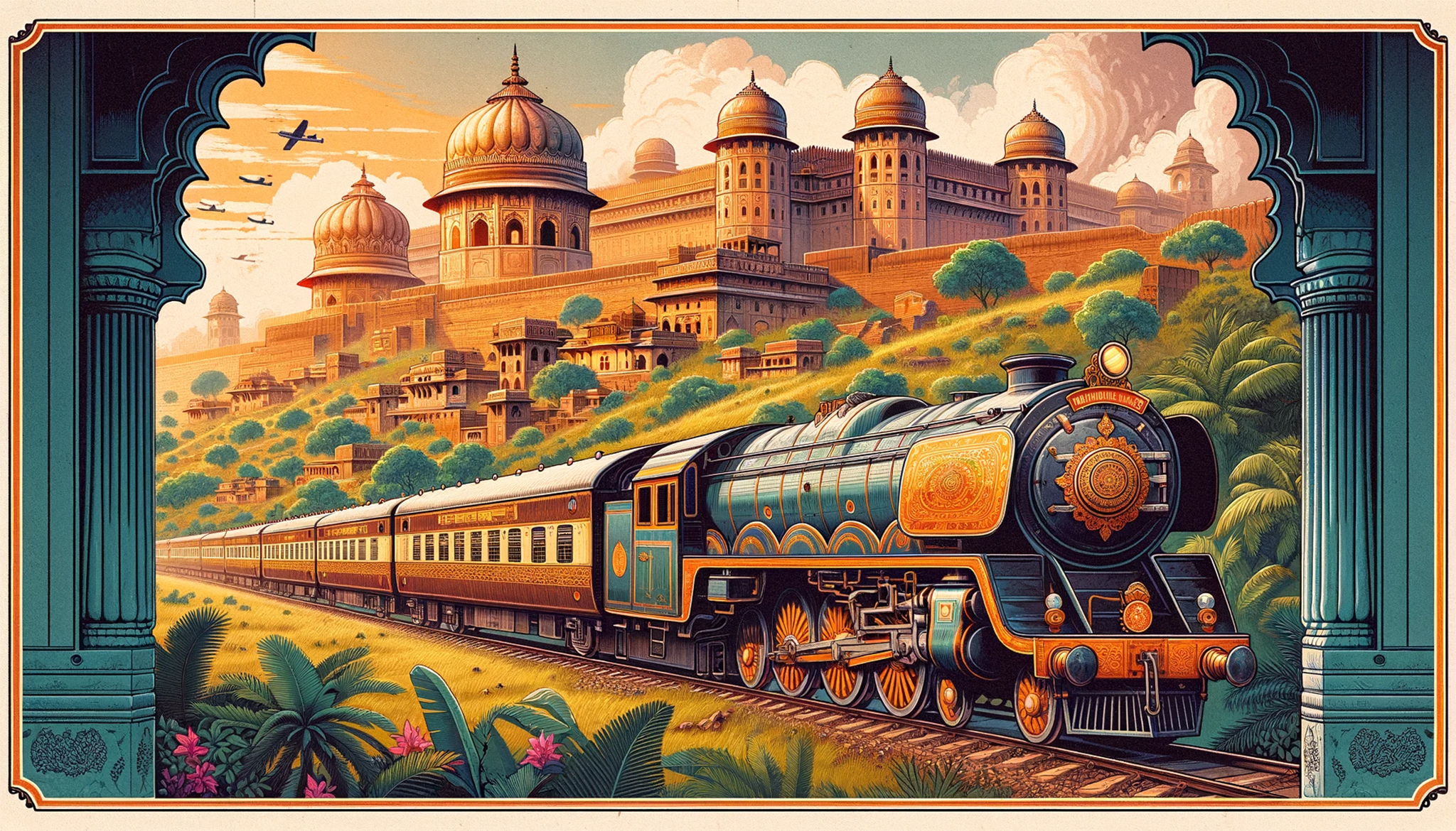 Luxury train traveling through Indian landscape past a fort.