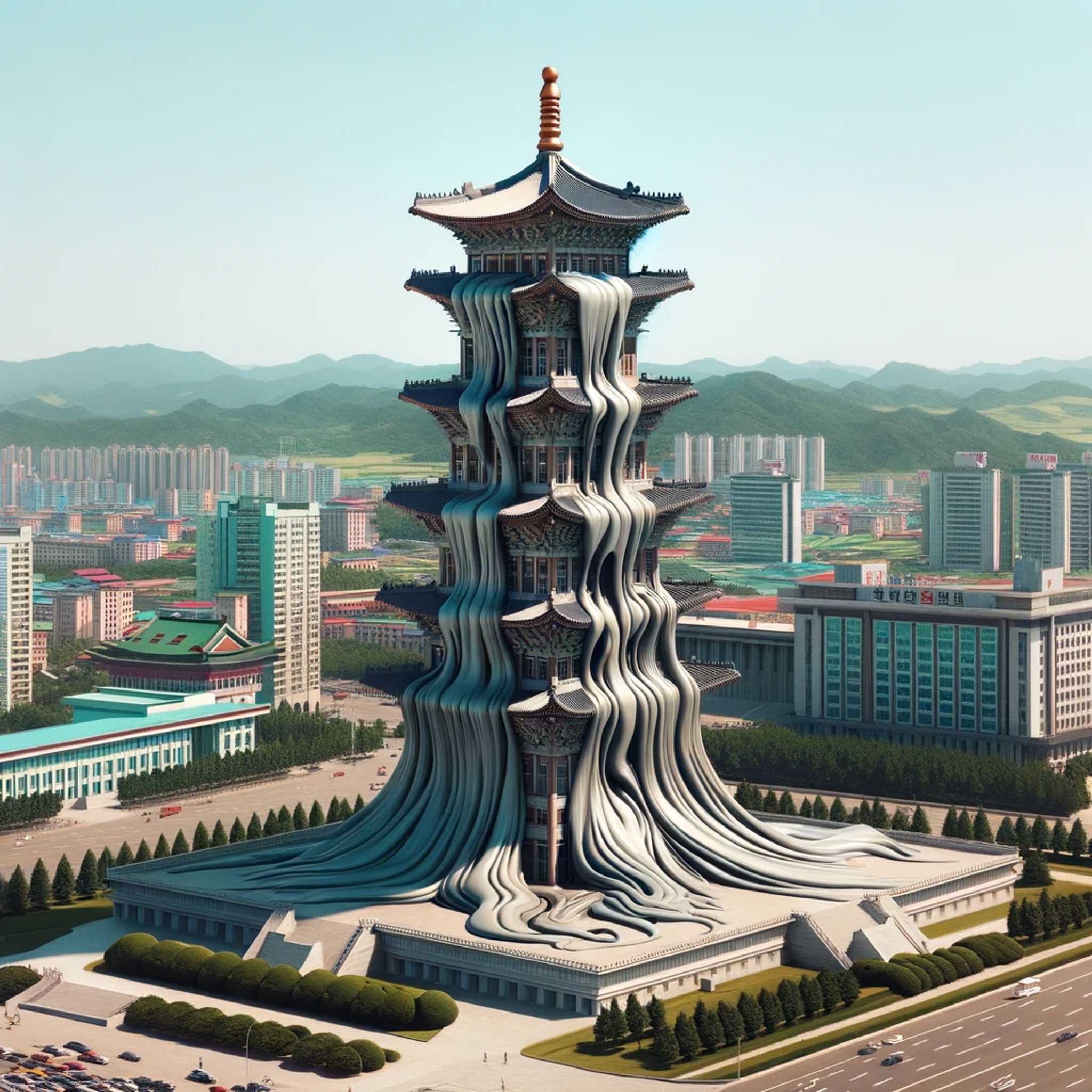 Digital rendering of a melting pagoda in Pyongyang, North Korea.