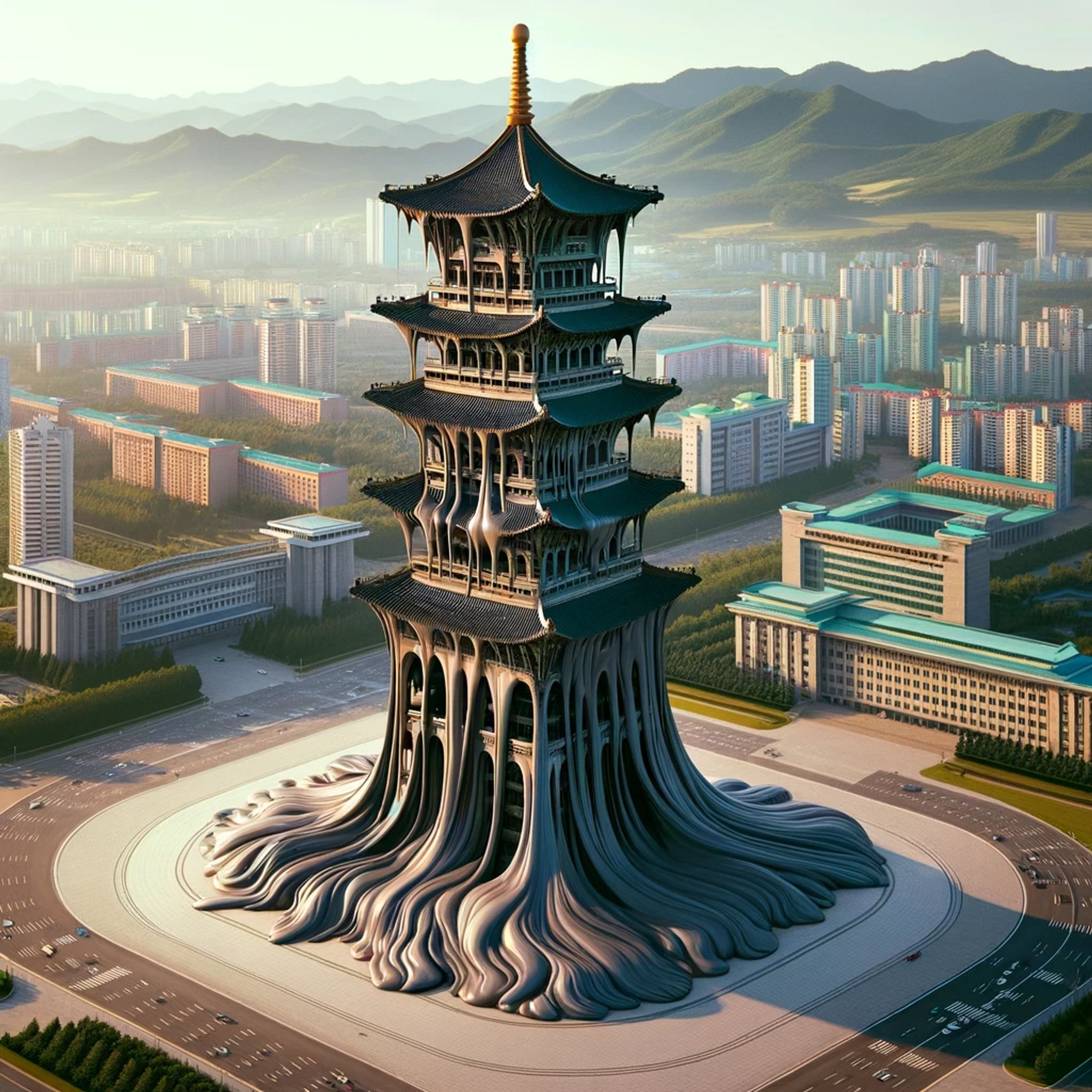 A melting pagoda-style tower in a North Korean city.