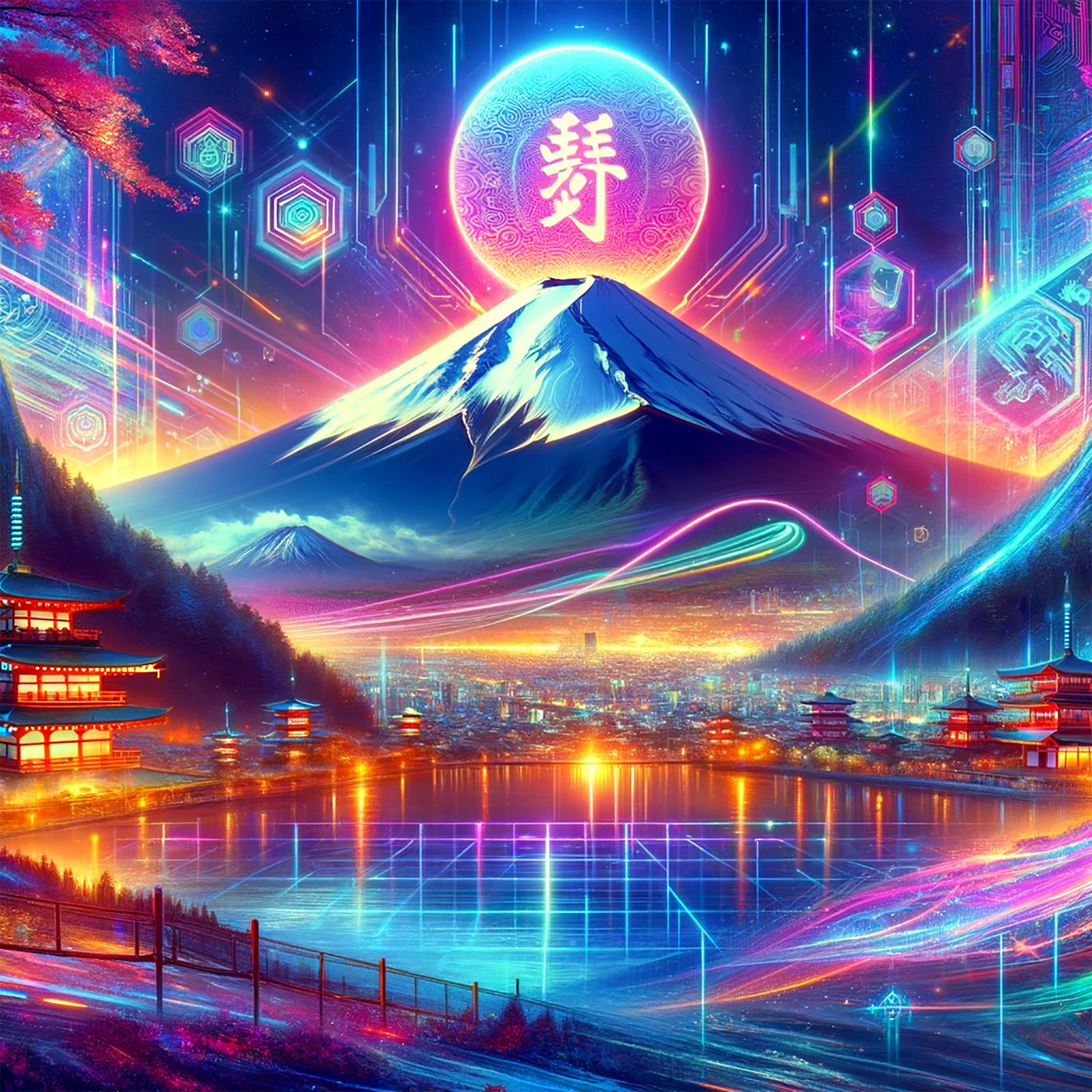 Neon-colored futuristic cityscape with Mount Fuji, Japanese pagodas, and kanji character.