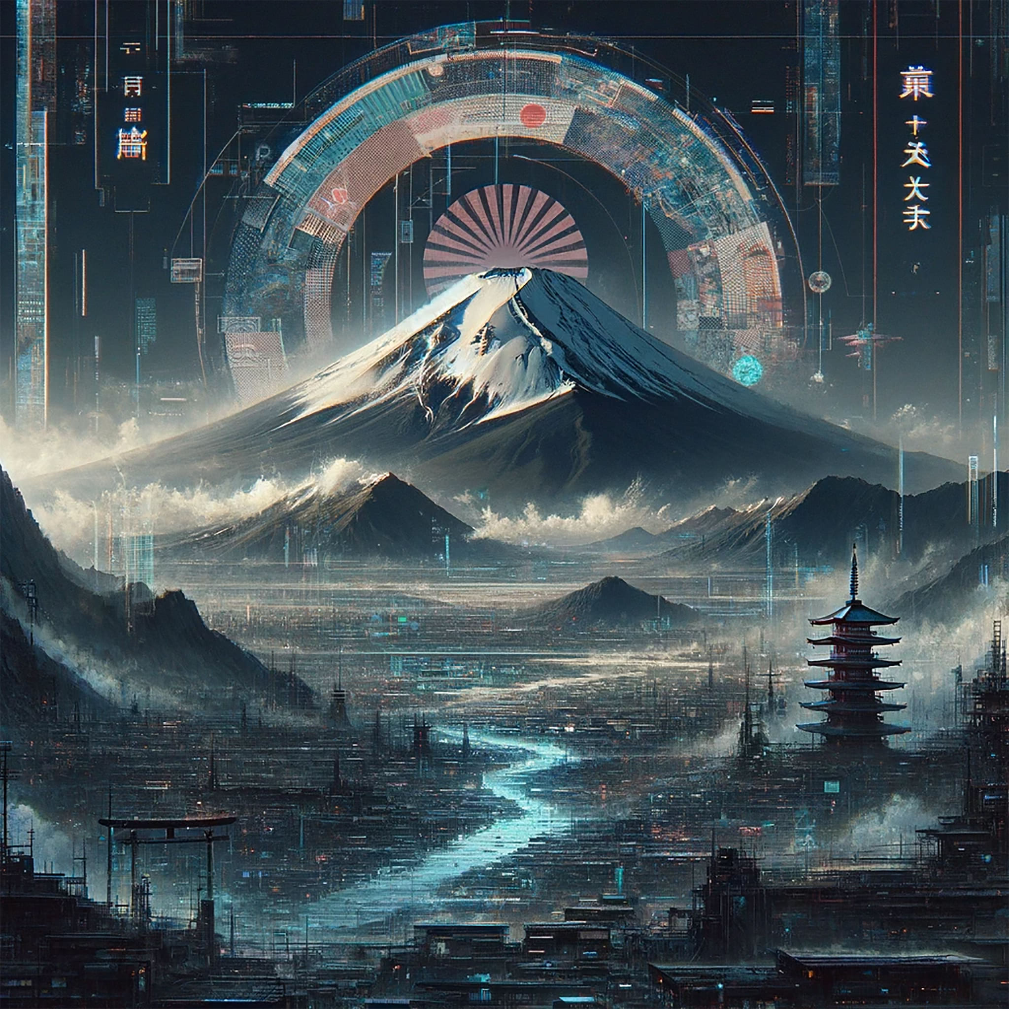 Neo-futuristic cityscape with Mount Fuji in the background, overlaid with digital interface elements.