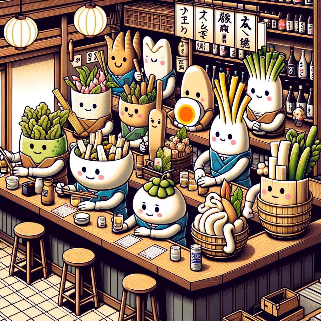 Illustration of anthropomorphic Japanese food items at a bar.