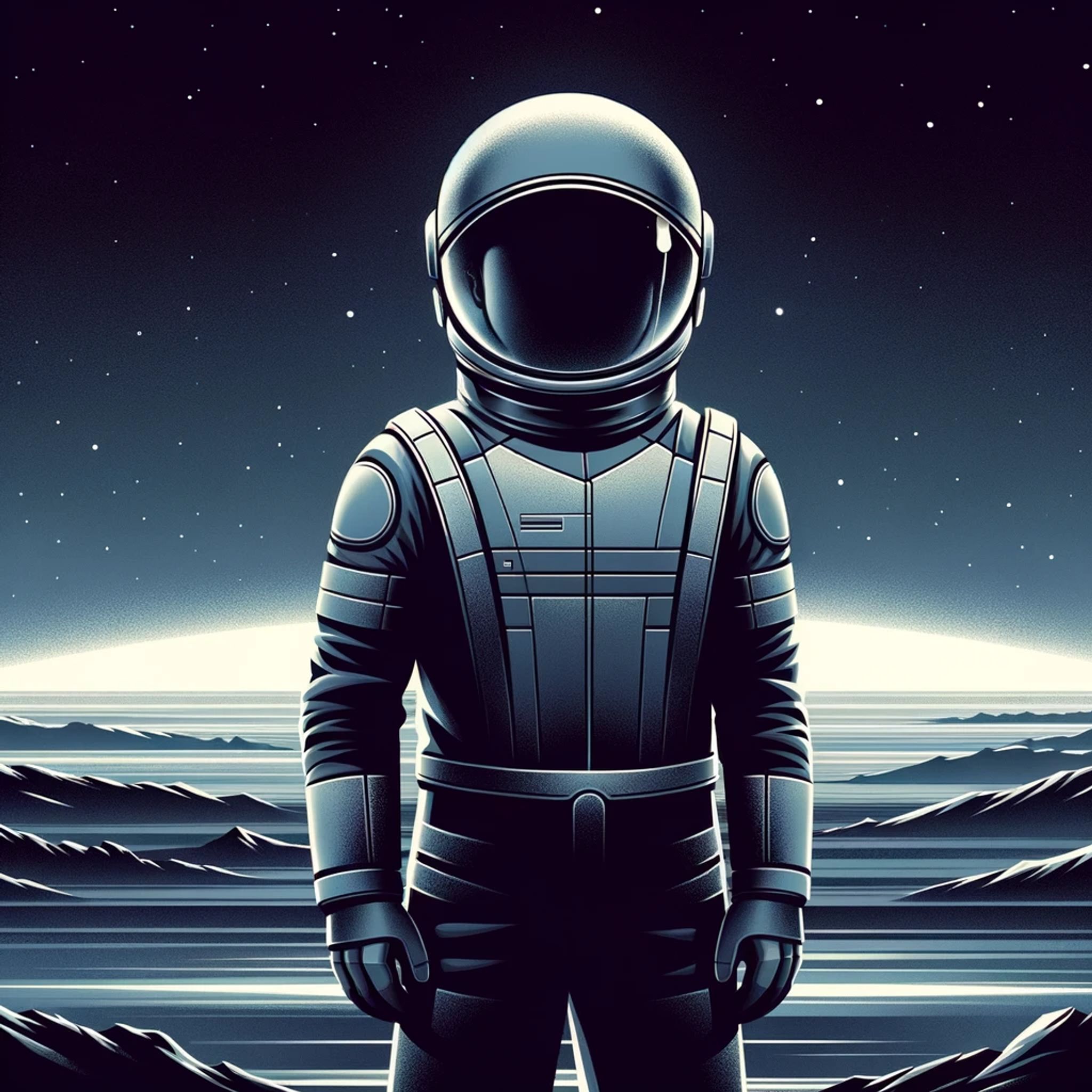 Astronaut standing on alien planet against starry night sky.