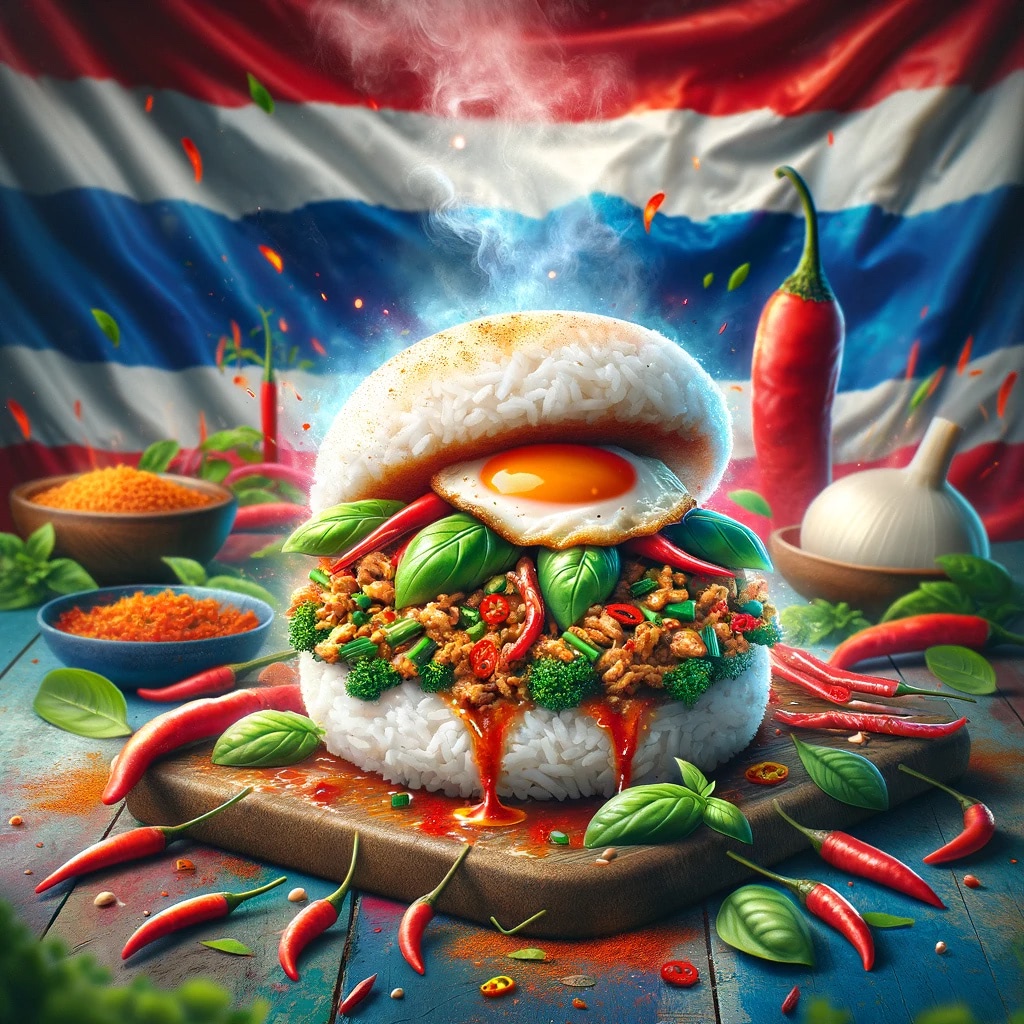 Pad Kra Pao burger with fried egg, surrounded by chili peppers and Thai flag in background.