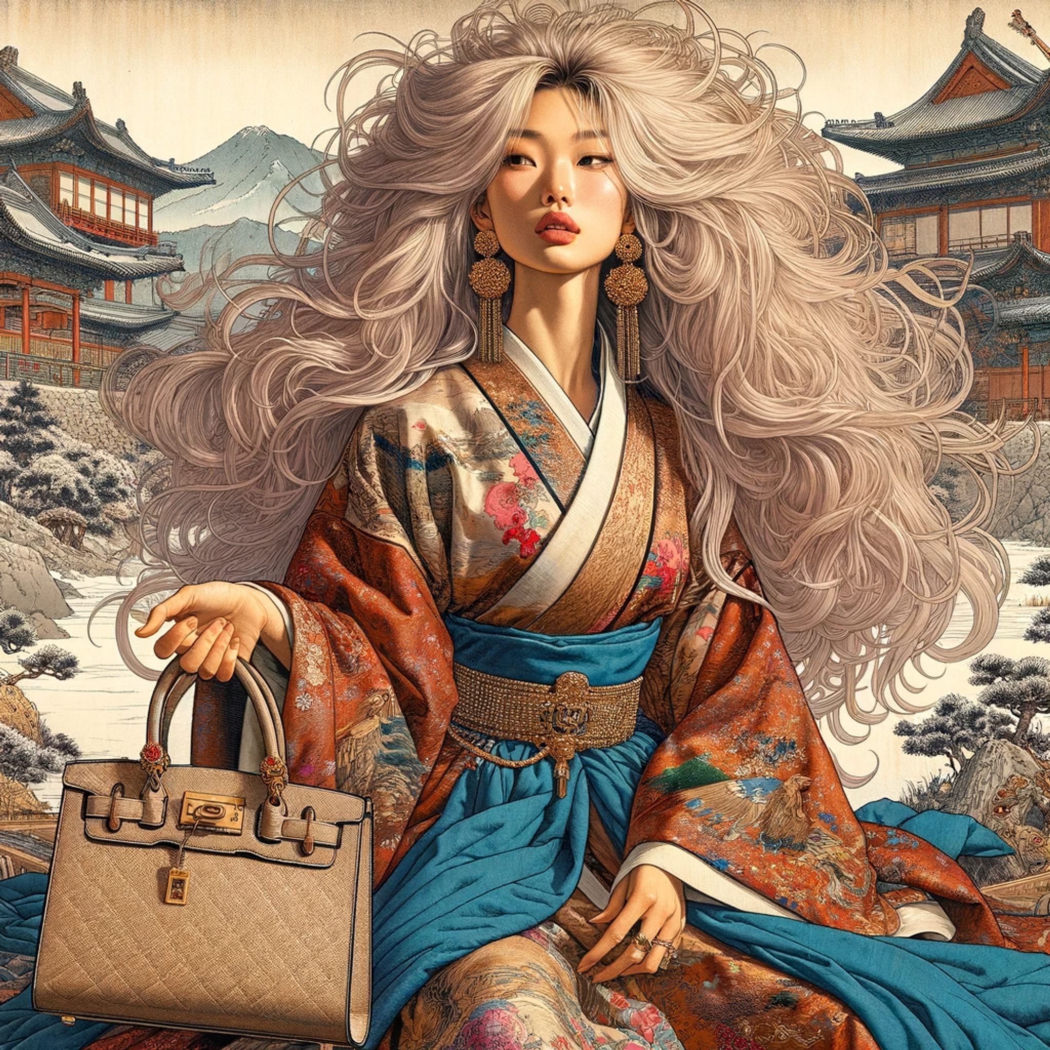 Painting of a woman with long flowing blonde hair, wearing a kimono and holding a luxury handbag, set against a backdrop of Asian architecture and mountains.