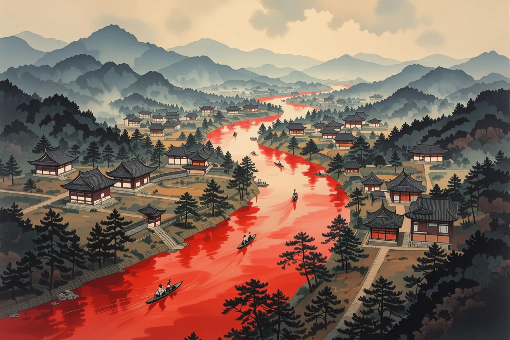 Painting of a village beside a red river, mountains in the background.