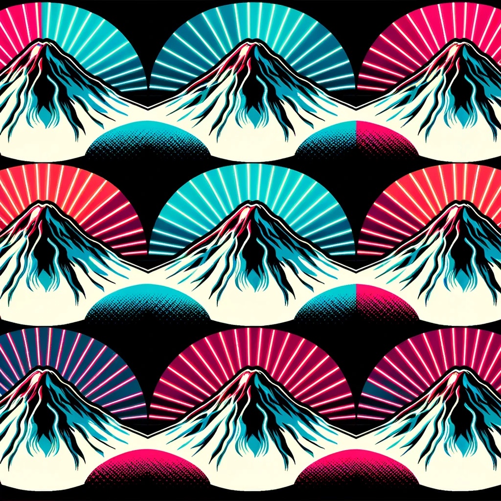 Pop art style repeating pattern of Mount Fuji with neon sunbursts.