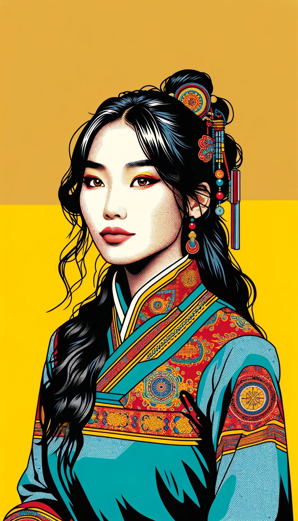 Pop art portrait of a woman in traditional Bhutanese dress.