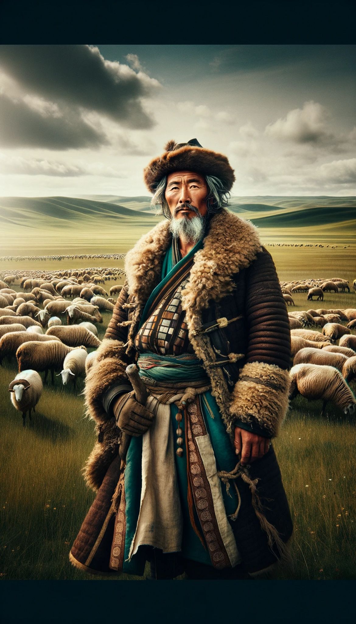 Portrait of an elderly Mongolian shepherd in traditional clothing, standing in a field with a flock of sheep.
