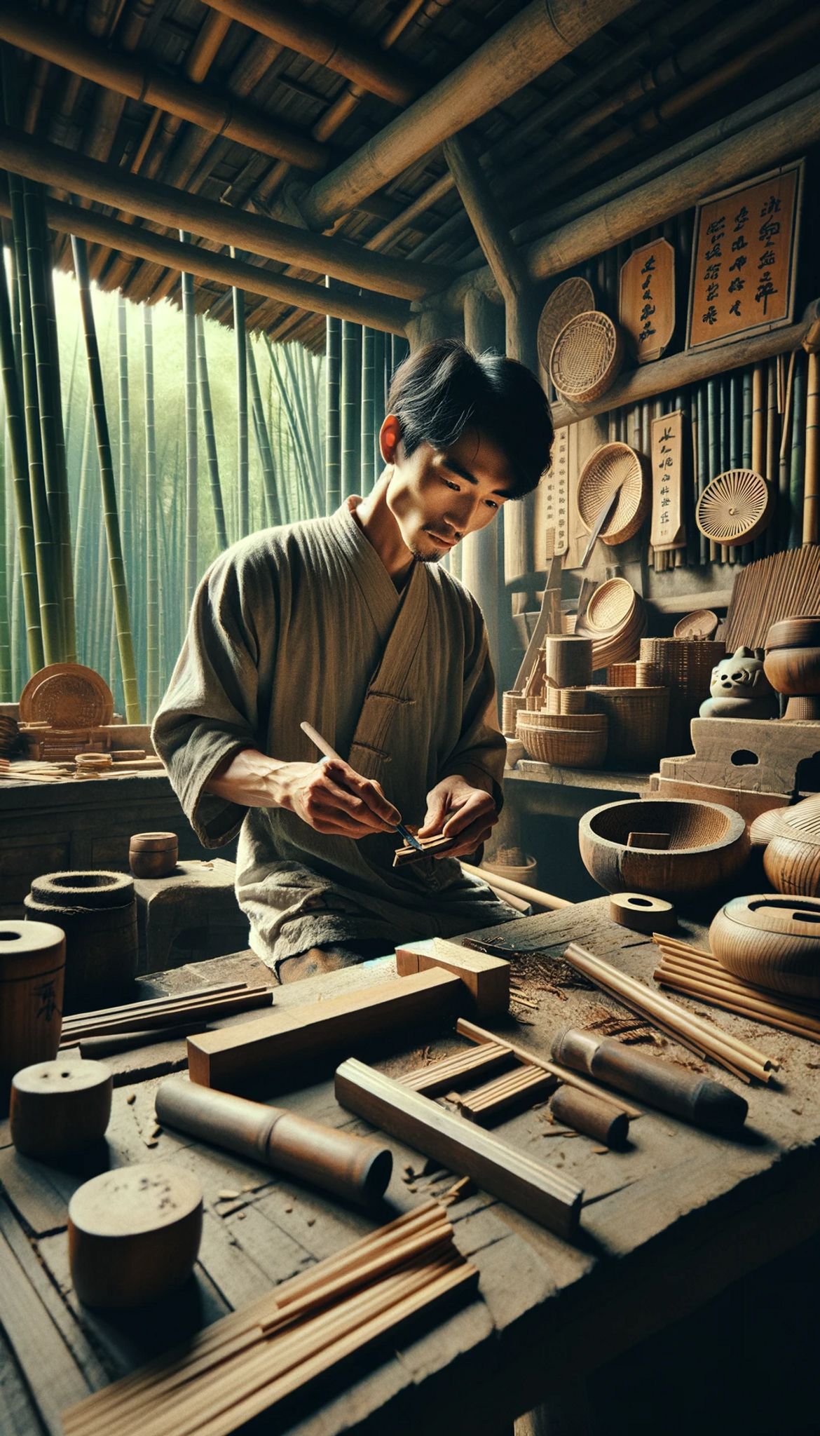 A Chinese craftsman working on bamboo in a workshop.