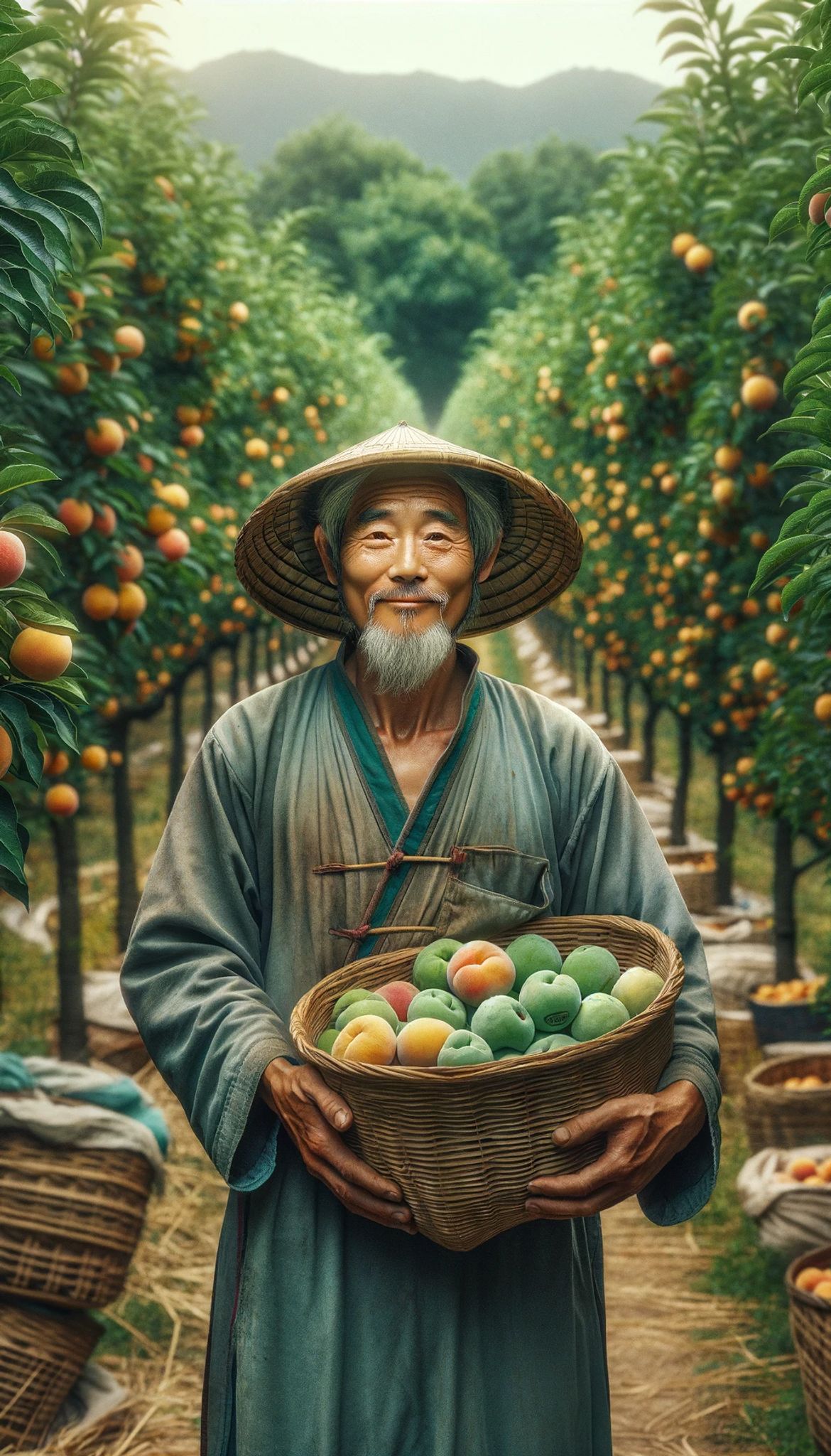 Smiling older Chinese fruit farmer holding a basket of peaches and plums in an orchard.