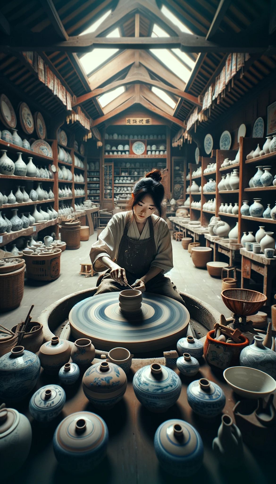 A young woman in traditional Chinese clothing sits at a potter's wheel in a workshop, creating pottery surrounded by shelves of finished goods.
