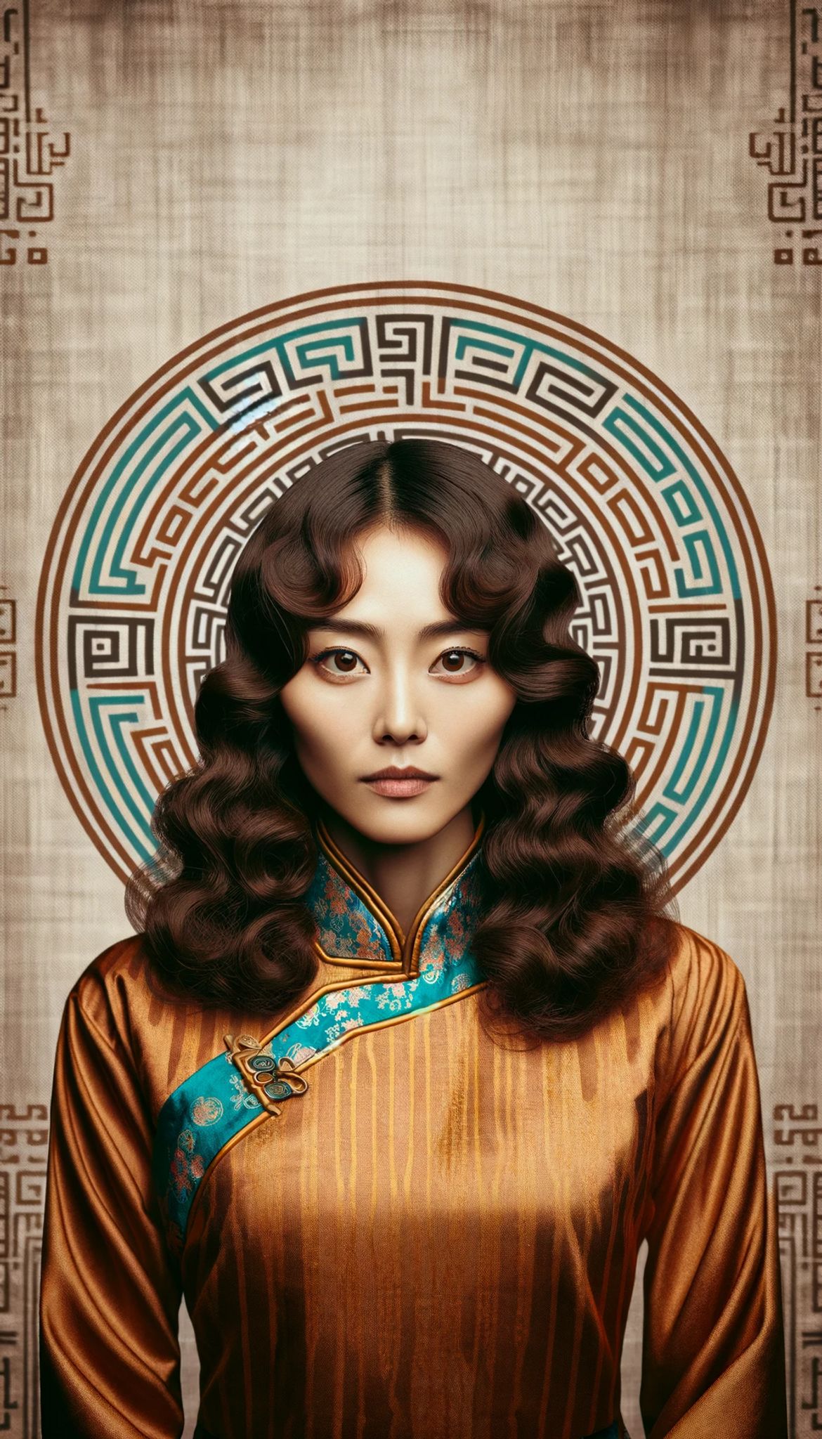 Portrait of a woman in traditional Chinese-Mongolian clothing.