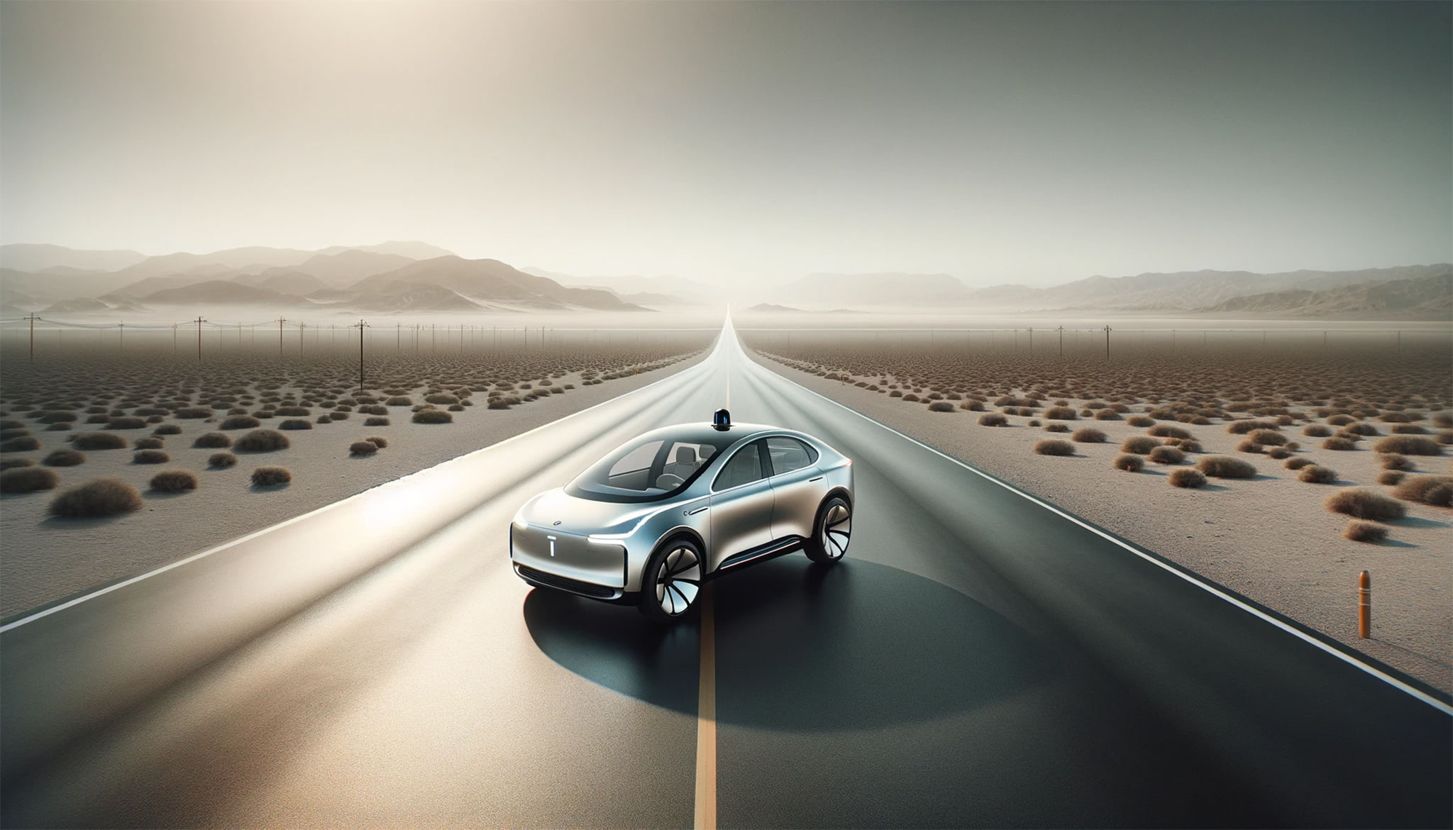 Silver autonomous vehicle driving on a desert highway.