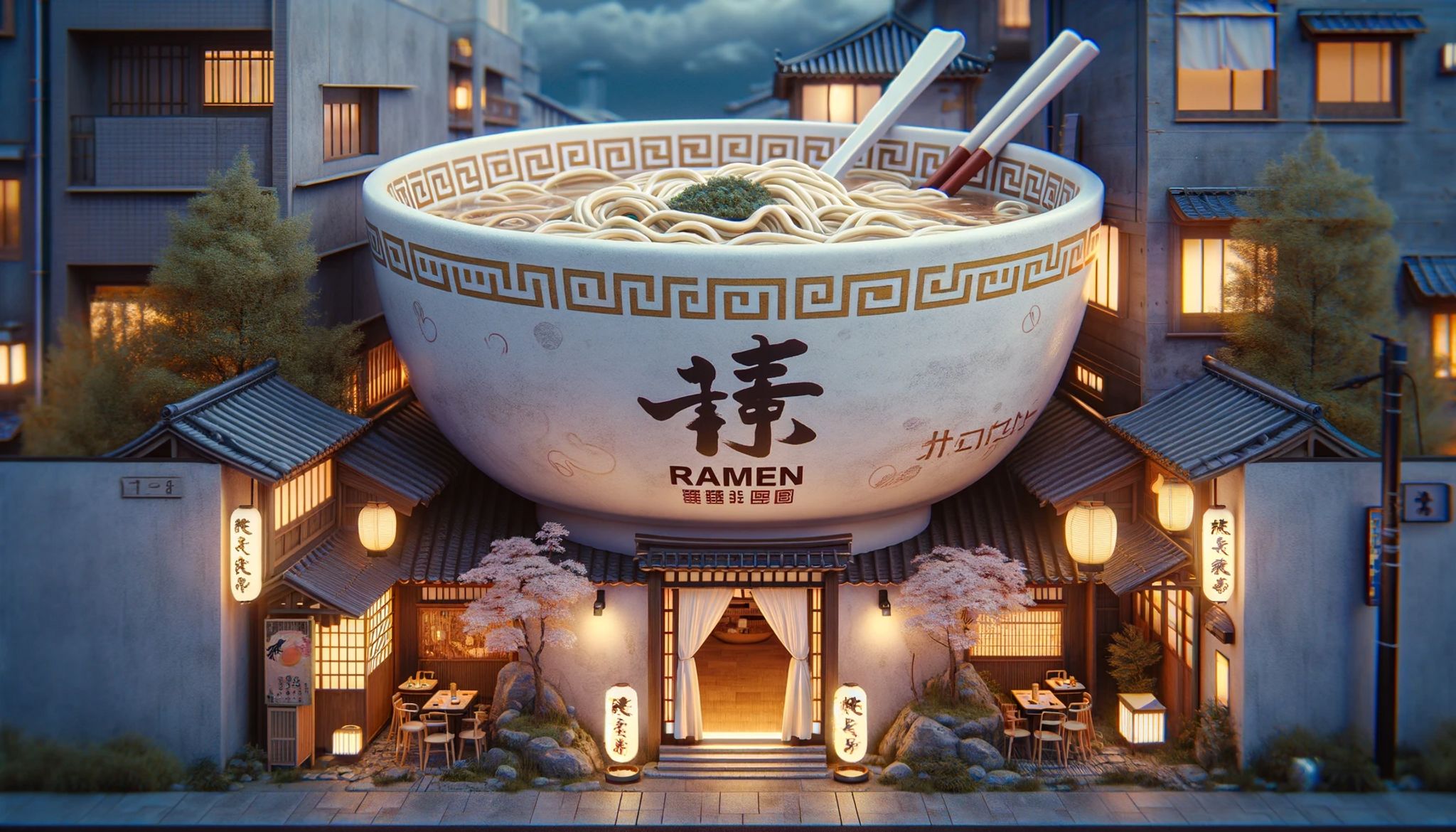 Giant ramen bowl restaurant at night.