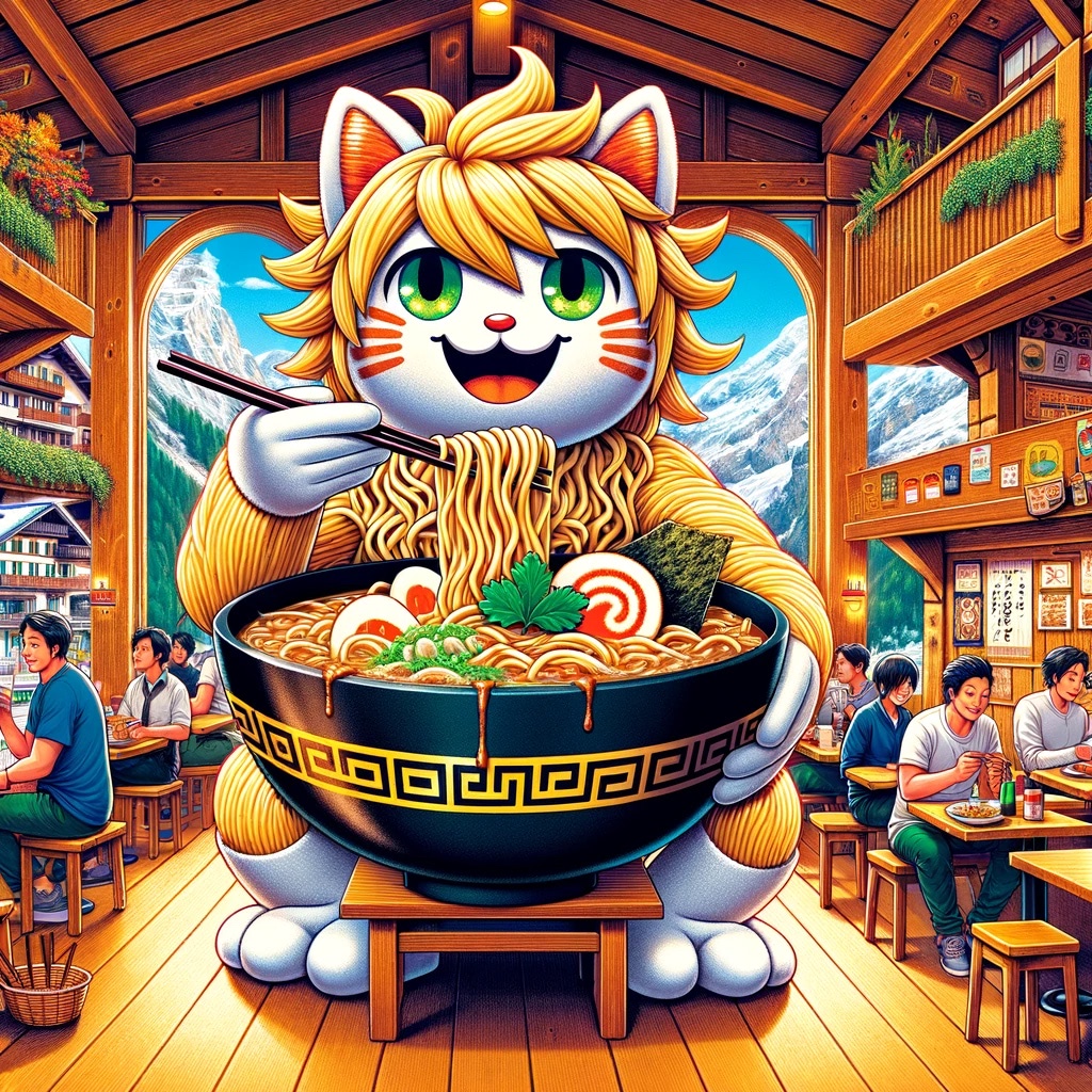 A large cartoon cat with yellow fur sits in a Swiss-style restaurant eating a large bowl of ramen.