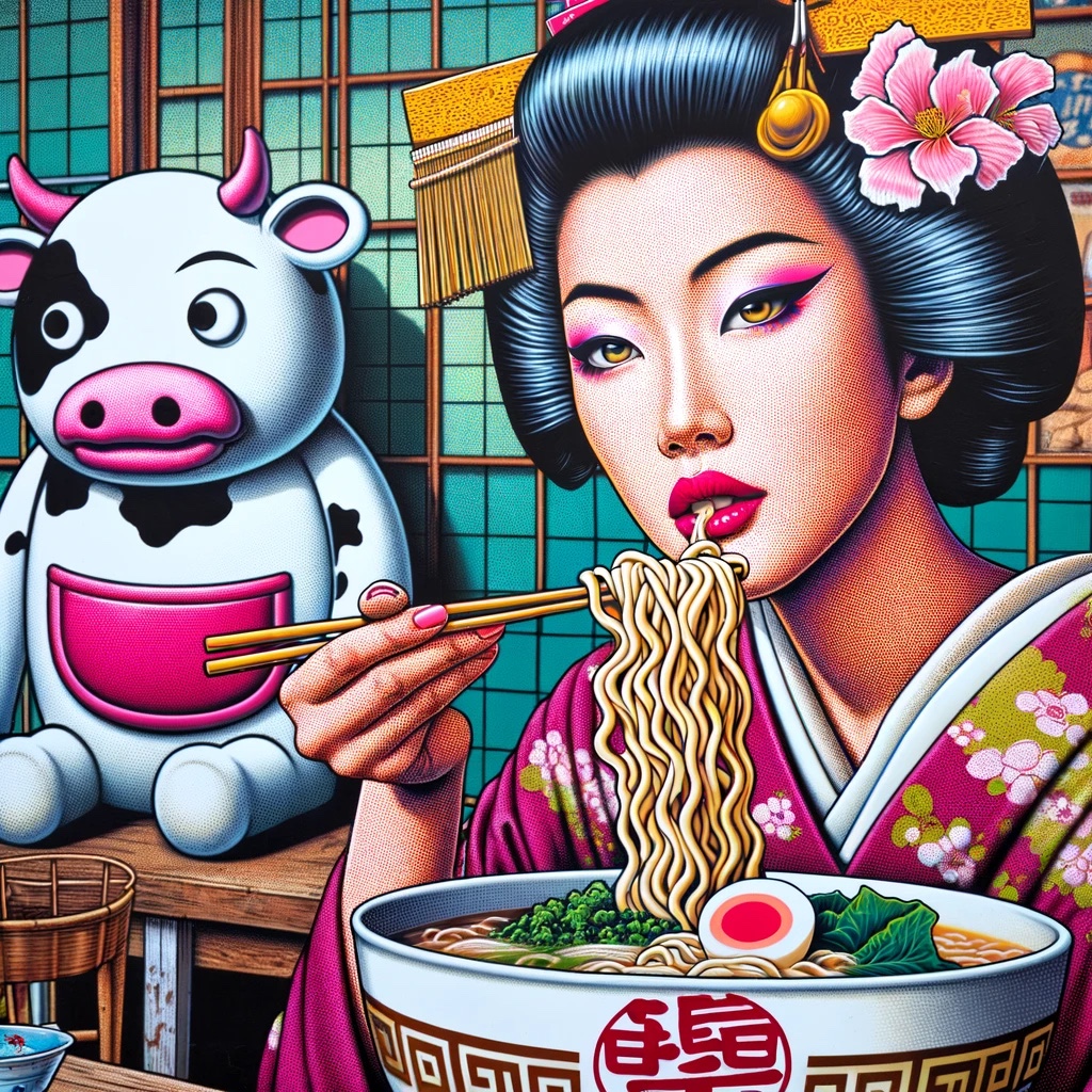 Geisha eating ramen in front of a cow figurine.