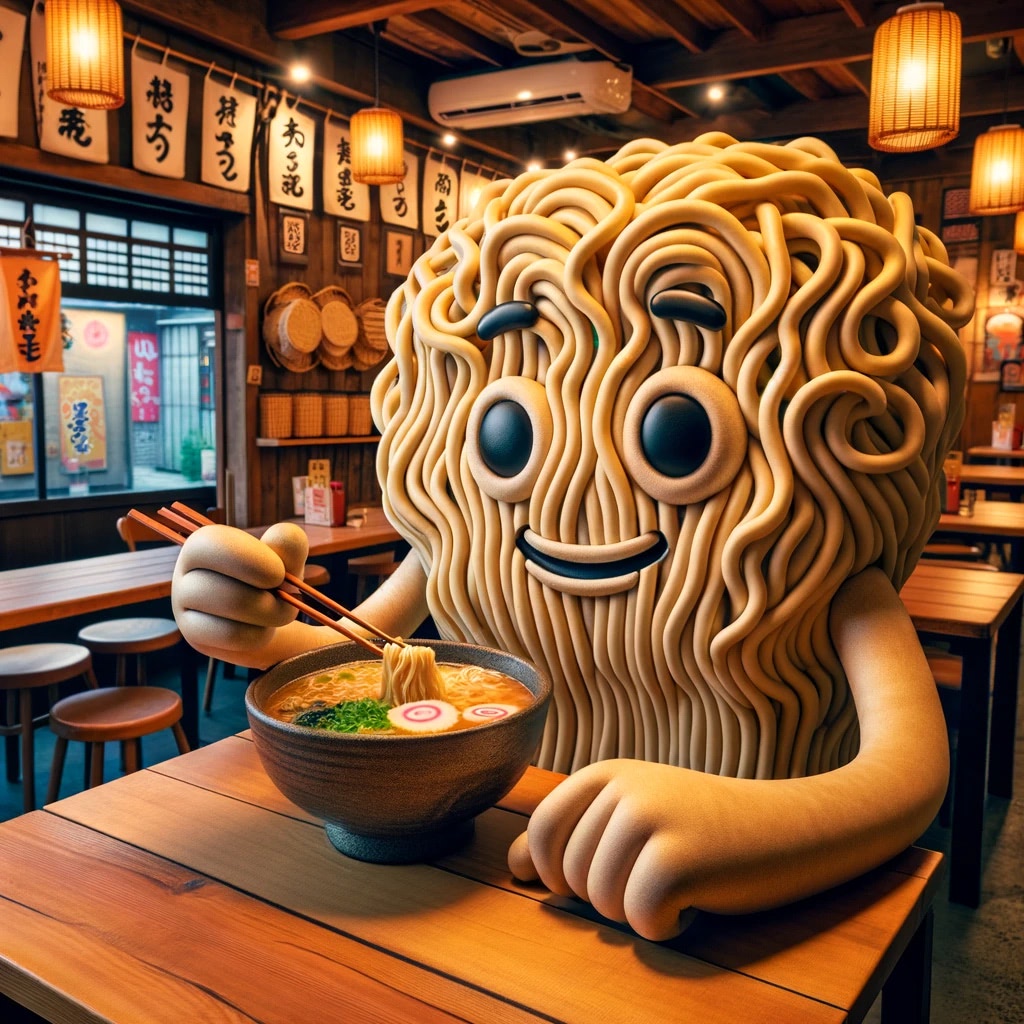 Ramen noodle character eating ramen in a restaurant.