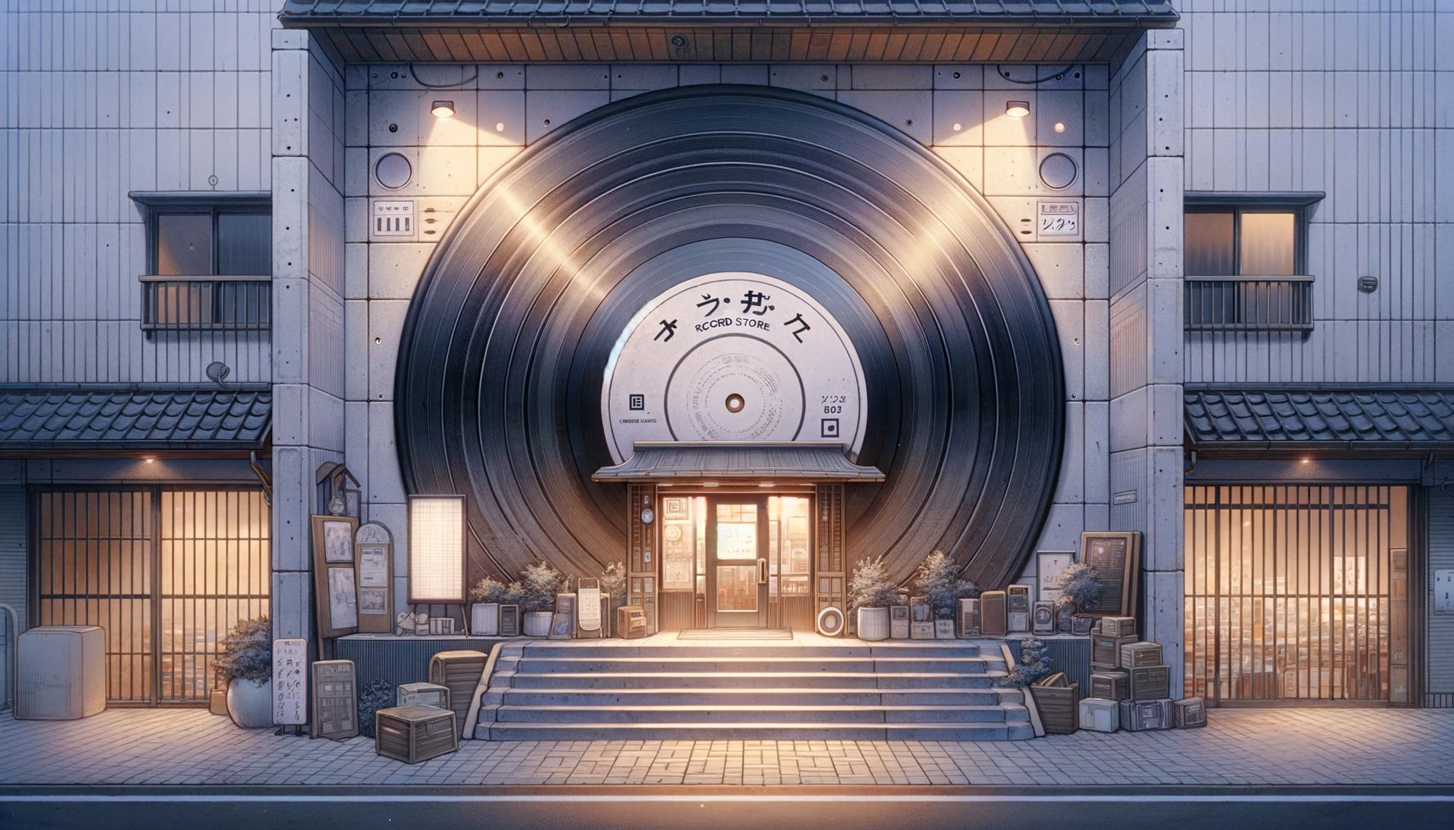 Illustration of a Tokyo record store, its facade designed as a giant vinyl record.