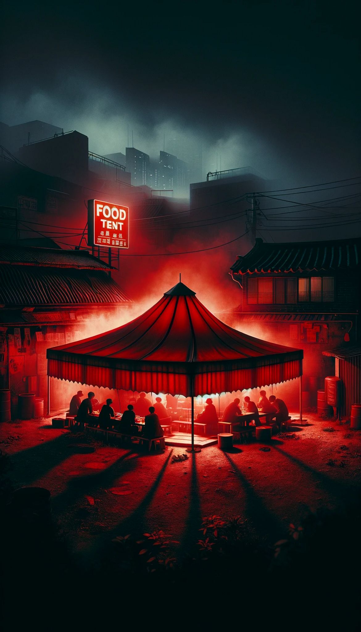 Red-lit food tent at night in South Korea, people dining inside.