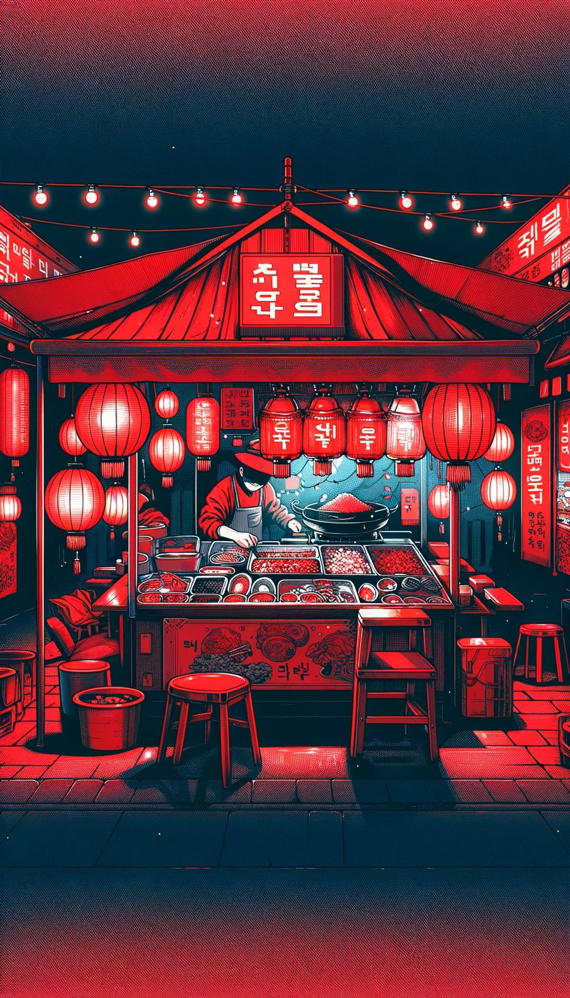 Comic-style illustration of a red food stall in South Korea at night.